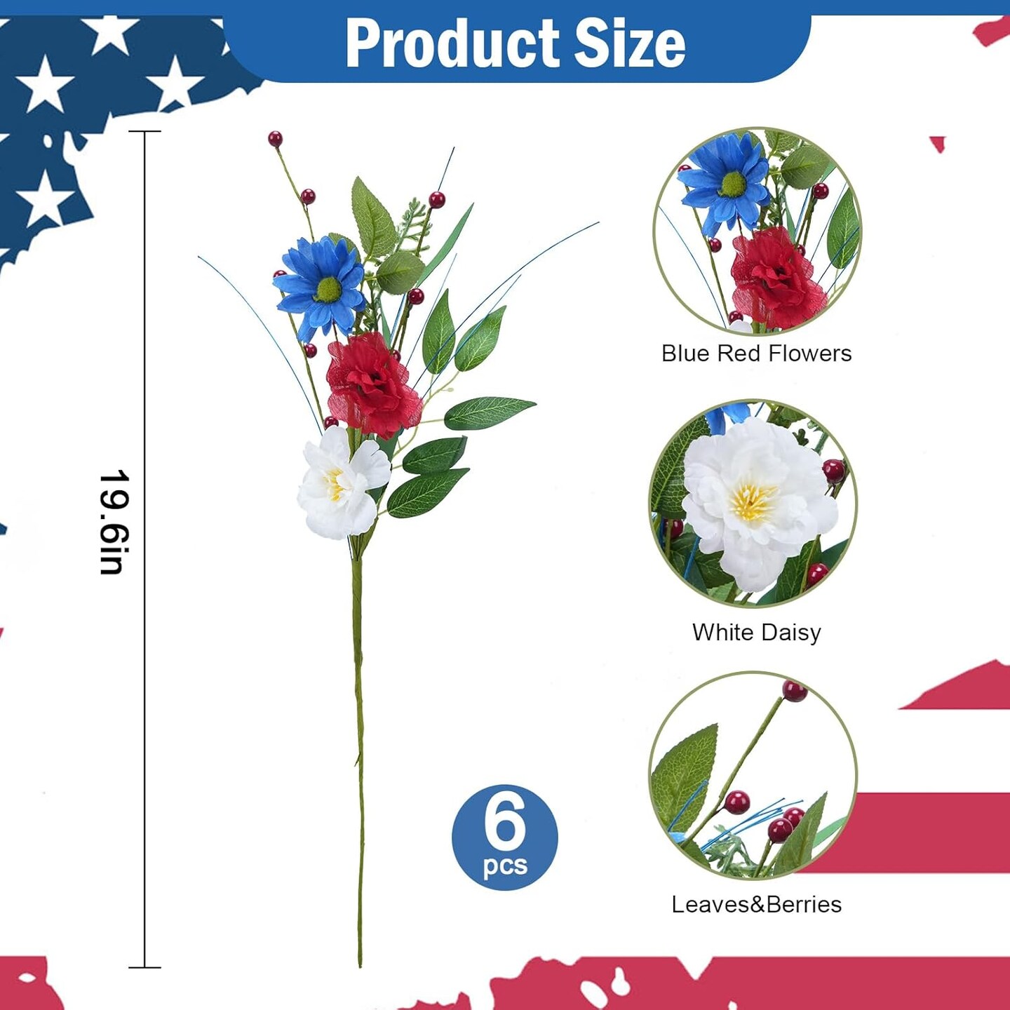 6 Pcs 4th of July Decorations Patriotic Memorial Bouquet 19.69&#x27;&#x27; Red White and Blue Decorations Flowers with Pampas Patriotic Decor for Easter Independence Day
