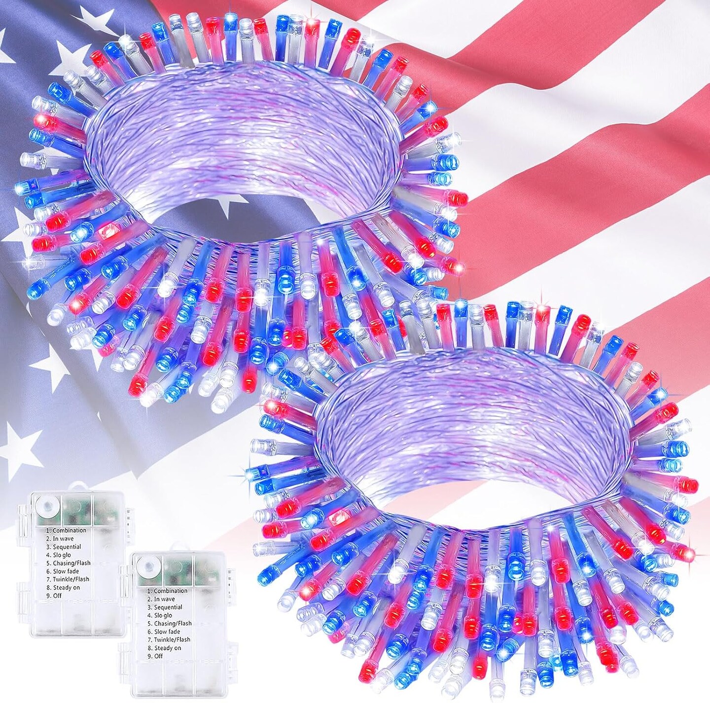 2-Pack Red, White, and Blue Battery Operated Fairy Lights - 66ft Total 200-LED 4th of July String Lights with Timer - 8-Mode Waterproof Patriotic Twinkle Lights for 2026 Sestercentennial & Independence Day Decor