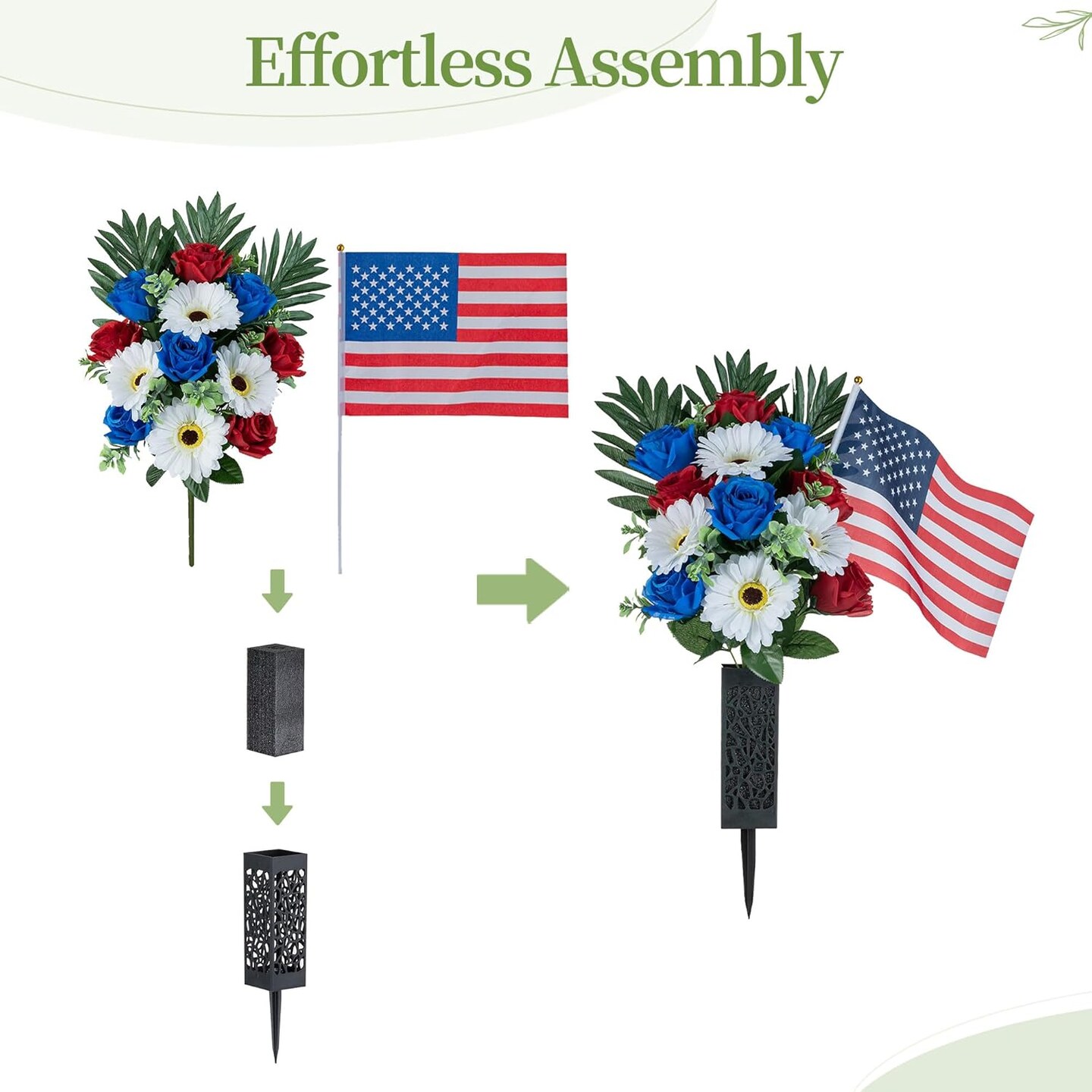 2 Pcs Outdoor Grave Decorations - Artificial Patriotic Cemetery Flowers