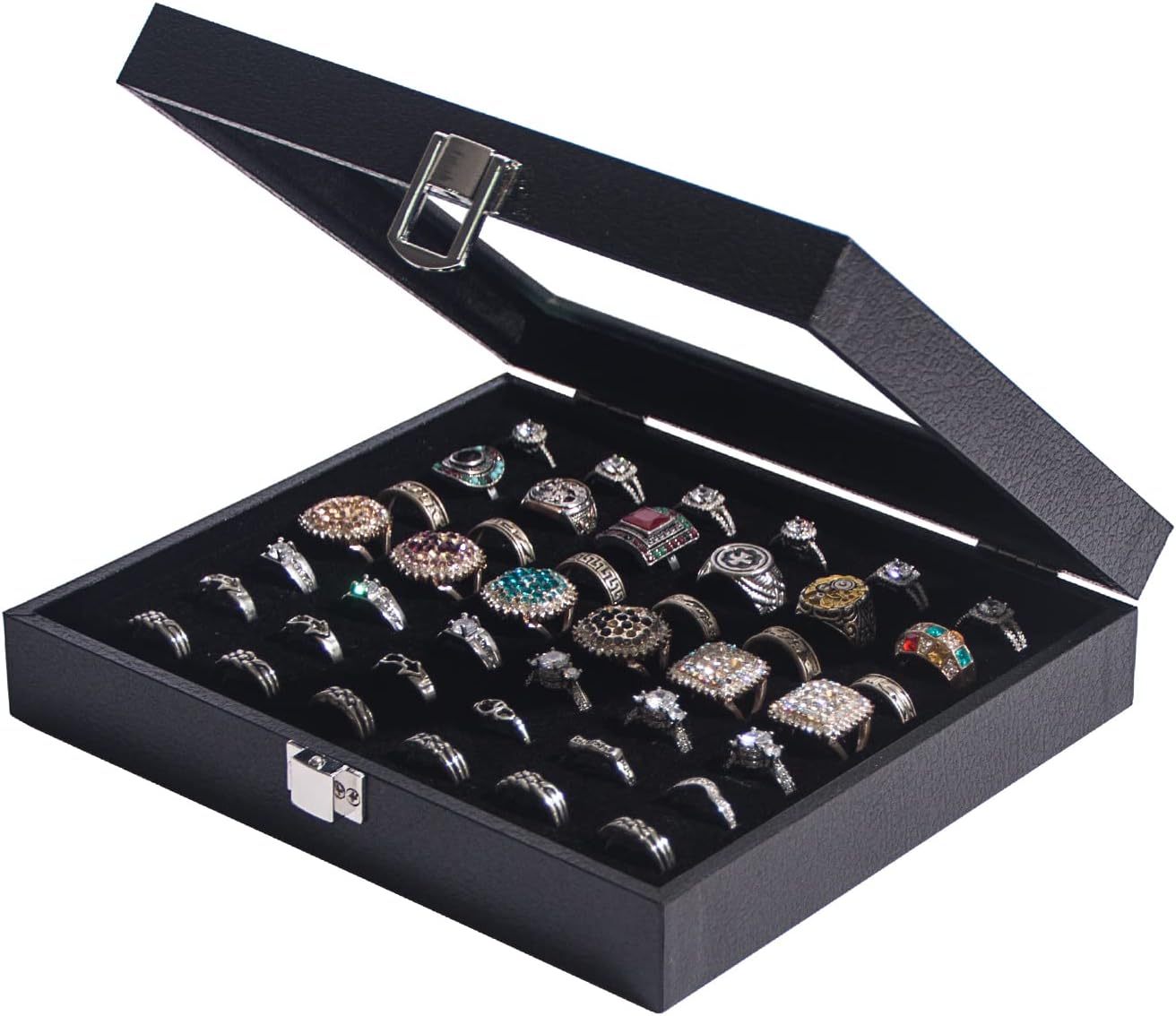 Ring Organizer Display Case – Black Jewelry Storage Tray for Multiple Rings with Glass Lid, Stackable (42 Slots)