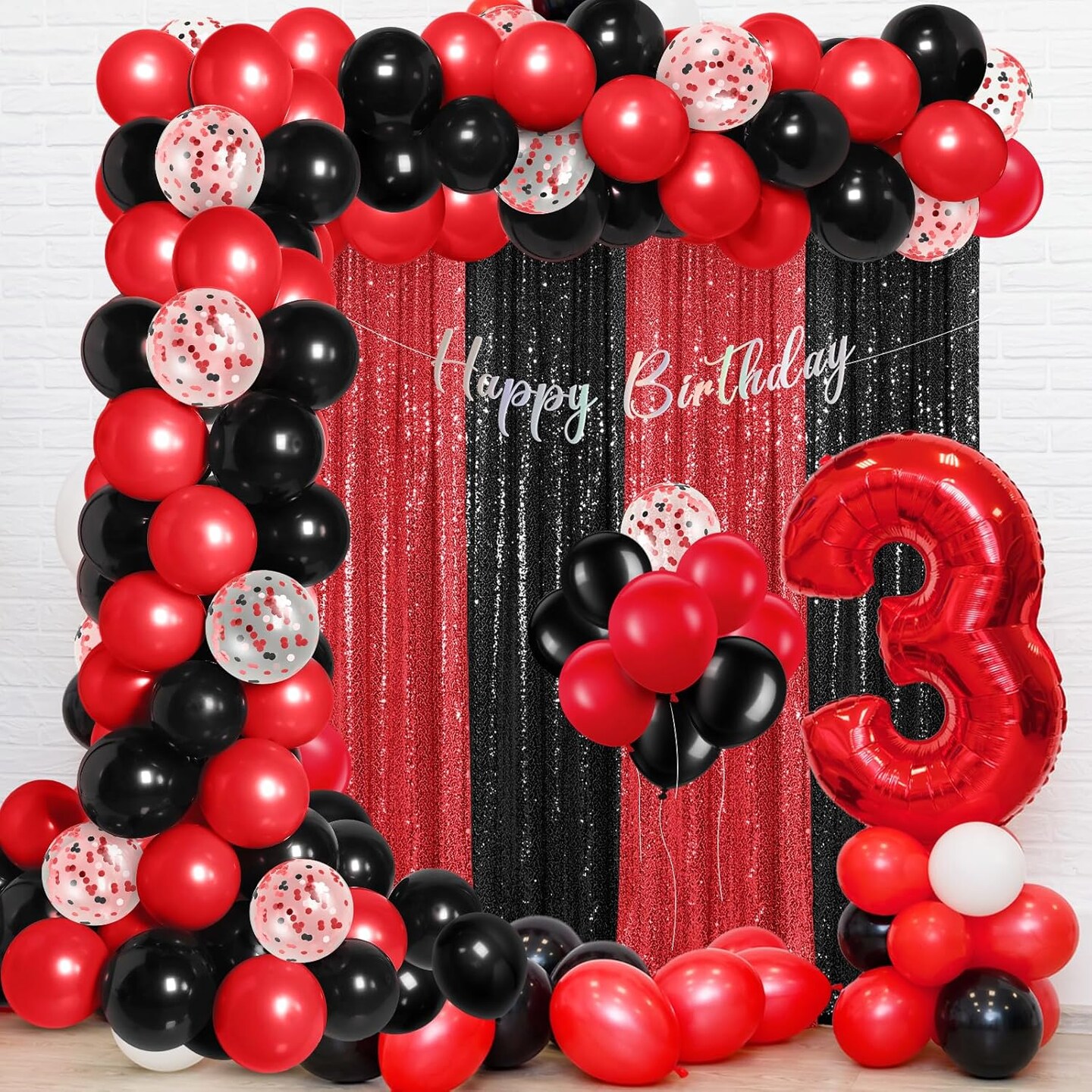 137 Pcs Black Red Party Decorations with 4 Sequin Backdrop Curtain 133 Balloon Arch Kit 2025 Graduation Decorations Birthday Party Photo Backdrop for Wedding Anniversary Decor