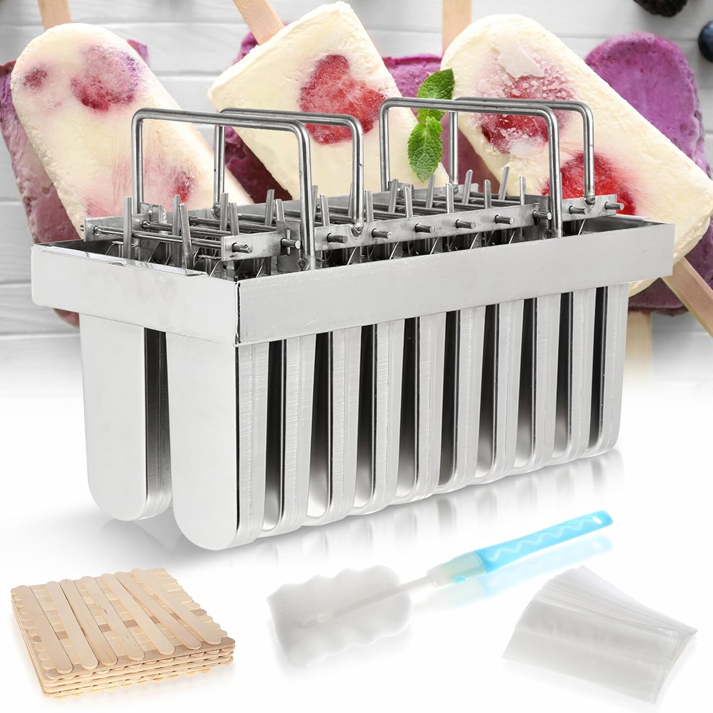 Stainless Steel Popsicle Molds Commercial Ice Pop Molds 20PCS Ice Lolly Popsicle Mould Ice Cream Maker Mold Stick Holder with Lid Single Cup Capacity 108g