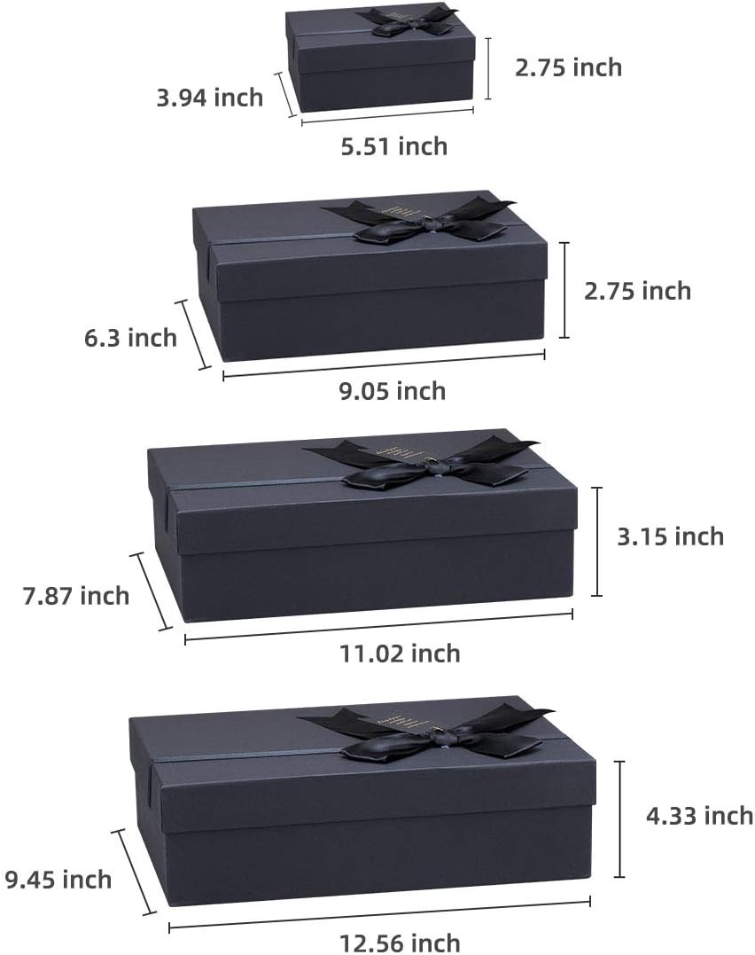 Black Nested Gift Boxes With Lids, Assorted Sizes (Set of 4 With Ribbon Bows and Label) Black Gift Boxes for Present, Luxury Gift Boxes for Anniversaries, Birthdays, Weddings,Valentines, Graduation, Etc.