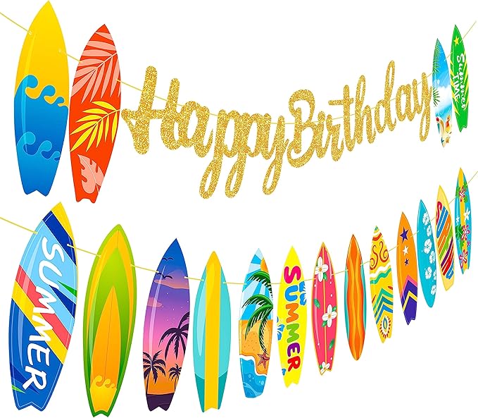 Surfing Happy Birthday Banner Surf Party Supplies Surfing Party Decorations Glitter Surfboard Banner for Summer Hawaiian Beach Birthday Decoration Swimming Pool Hawaii Party Supplies