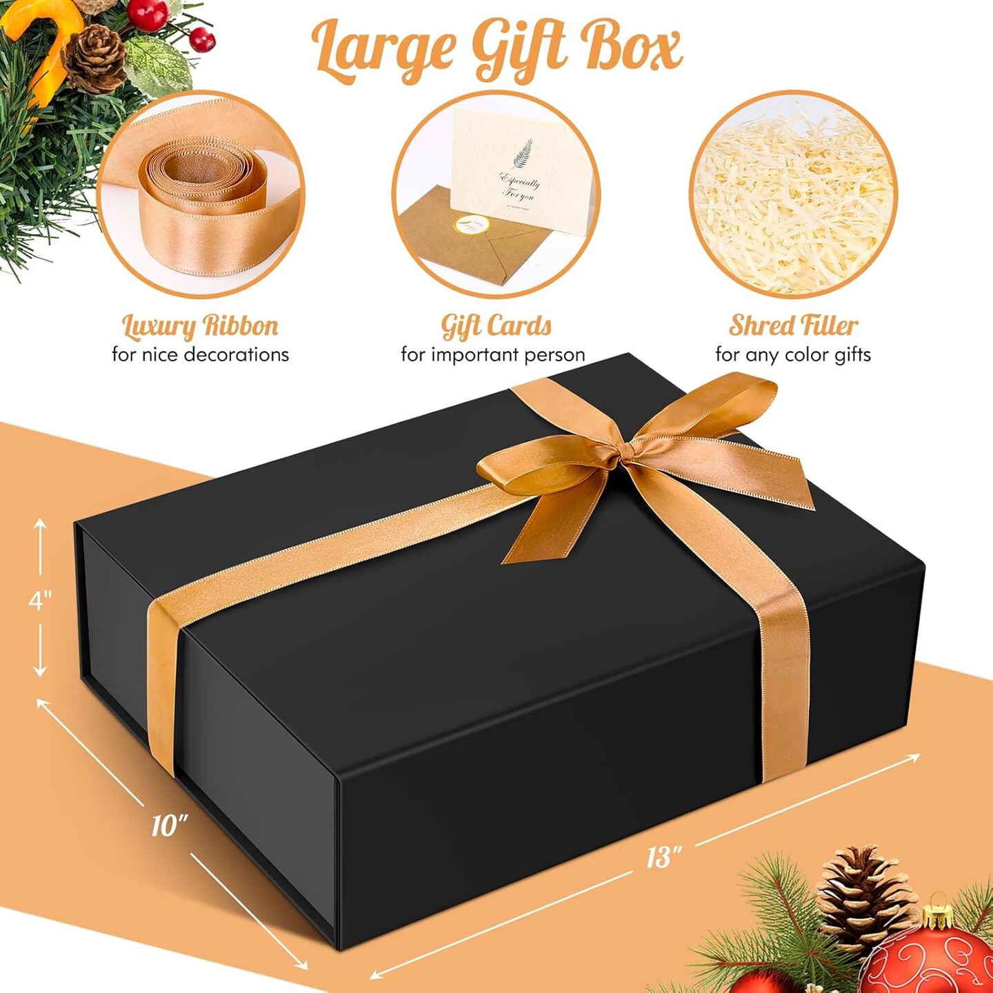 Large Gift Box, 13"x10"x4" Easter Birthday Gift Boxes for Presents, Mother's Day Basket Essentials, Black boxes with Magnetic Lids, Ribbon, Candy Chocolate Cookie Groomsman Proposal Basket for Wedding
