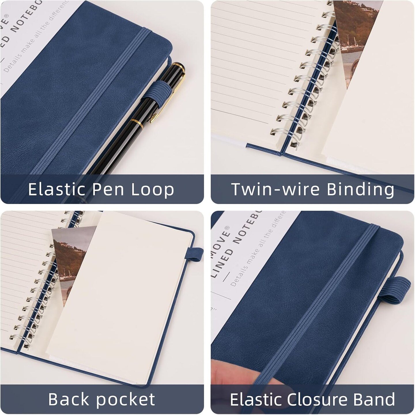 Spiral Notebooks Journal for Women Men 5 Pack Bulk Leather Hardcover with Pen Holder A5 160 Pages 100 GSM Thick Paper for Work School