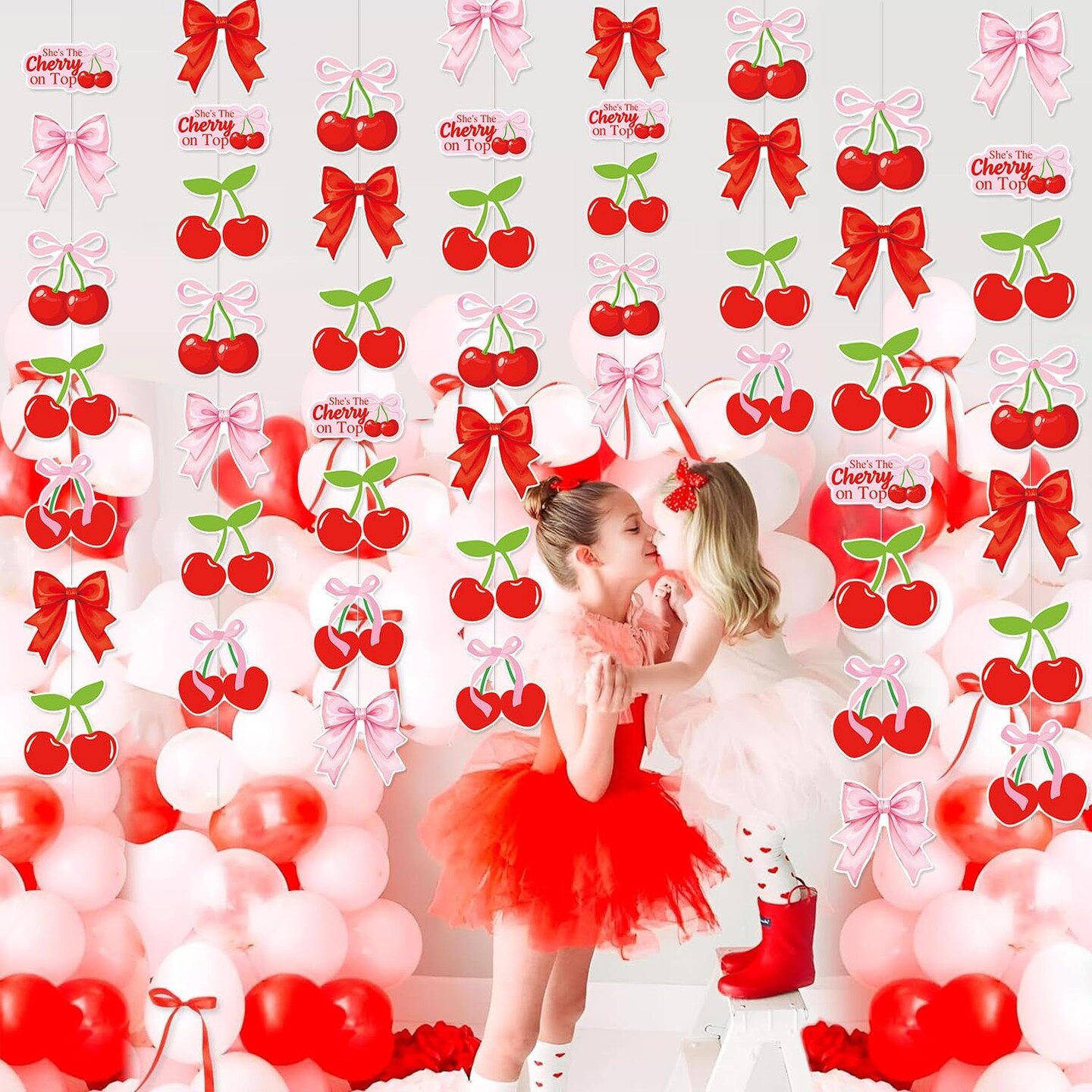 Summer Cherry Party Decorations, She&#x27;s The Cherry On Top Theme Hanging Swirl,Cute Summer Red and Pink Cherries Foil Swirls for Birthday Baby Shower Wedding Bridal Shower Girls