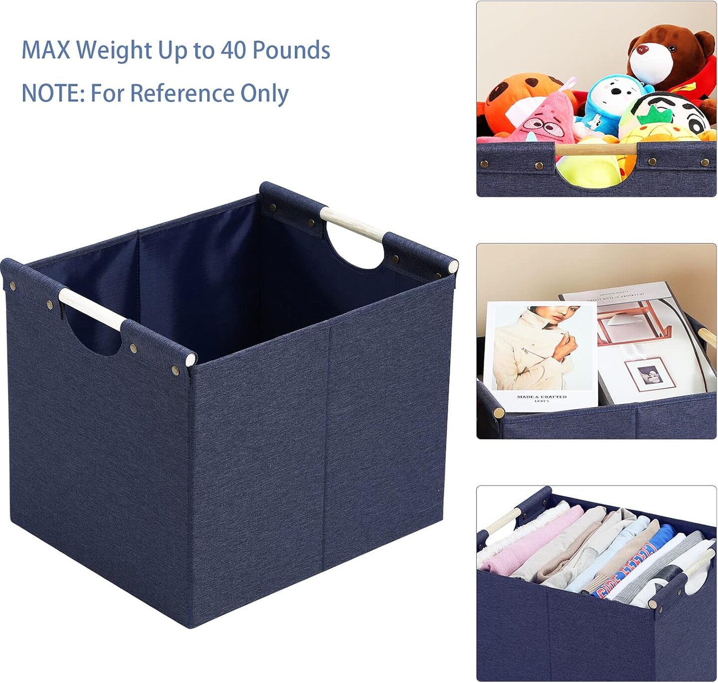 Large Foldable Storage Bins, Linen Fabric, Pack of 2, Storage Baskets with Wooden Carry Handles and Sturdy Heavy Cardboard