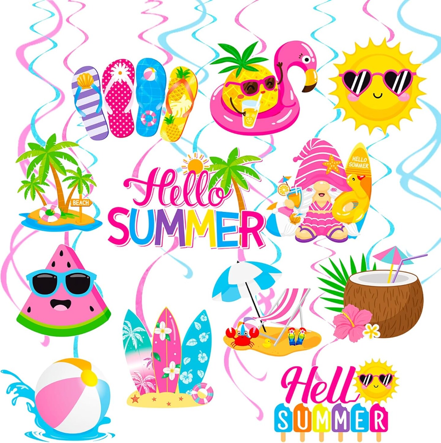 20Pcs Hello Summer Party Hanging Swirls Summer Beach Party Ceiling Hanging Decor Pool Party Hanging Streamers Summer Birthday Decorations for Hawaiian Themed Birthday Party Supplies