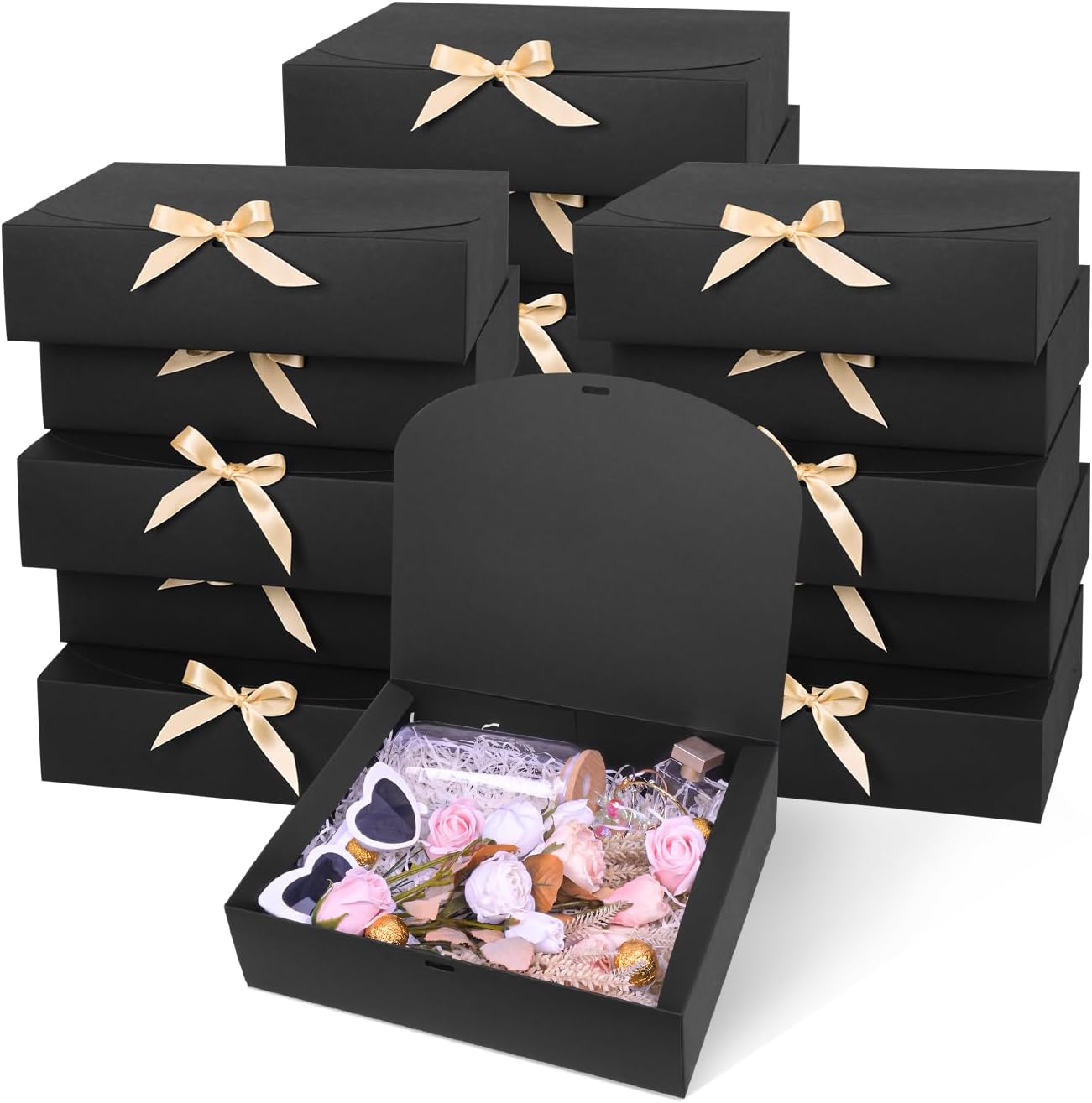 15Pack Gift Boxes with Lids,12&#xD7;9.8&#xD7;3.1 Inch Bridesmaid Proposal Box with Gold Ribbon, Black Boxes for Gifts