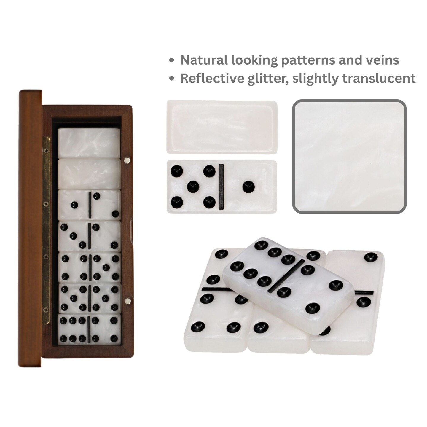 WE Games Double 6 Marbleized Dominoes in Magnetic Wooden Travel Box, White Color