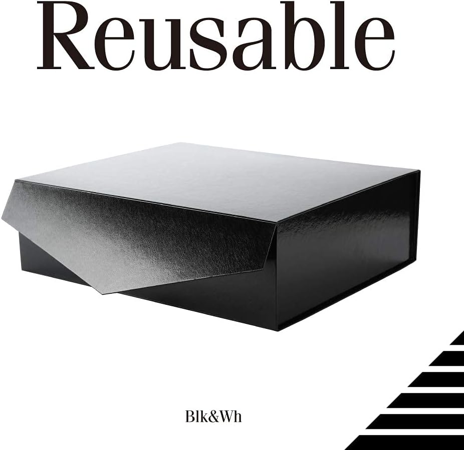 3 Extra Large Black Gift Boxes with Lids, 16.3 x 14.2 x 5 Inches – Glossy Black with Grass Texture for Clothes, Large Gifts, and Special Occasions