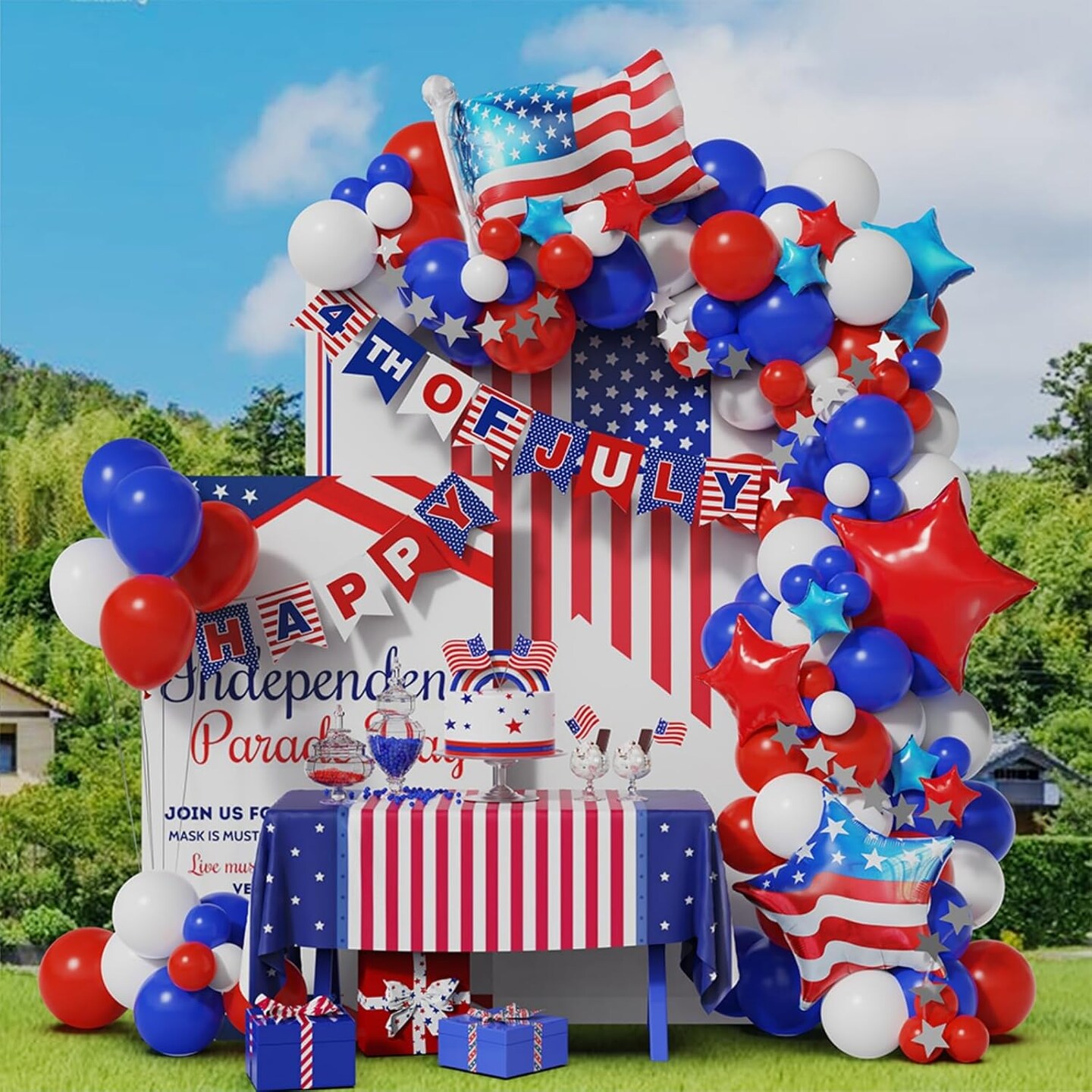 4th of July Balloon Garland Arch Kit,100pcs Navy Blue Red White Balloons Arch With Paper Banner For Independence Day Patriotic Party Supplies, July 4th Balloon Decorations with Shiny Stars Pendants