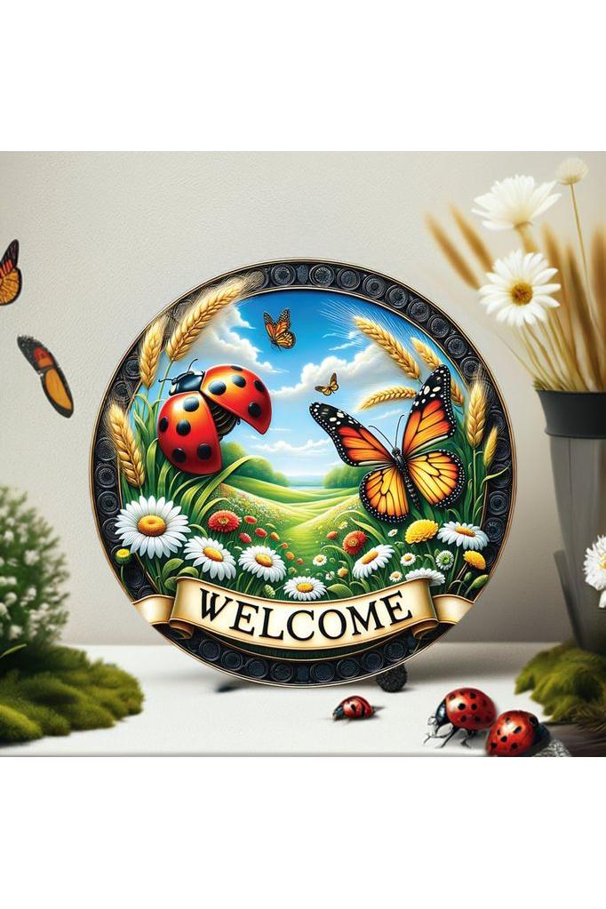 Welcome Ladybugs and Butterflies Round Sign