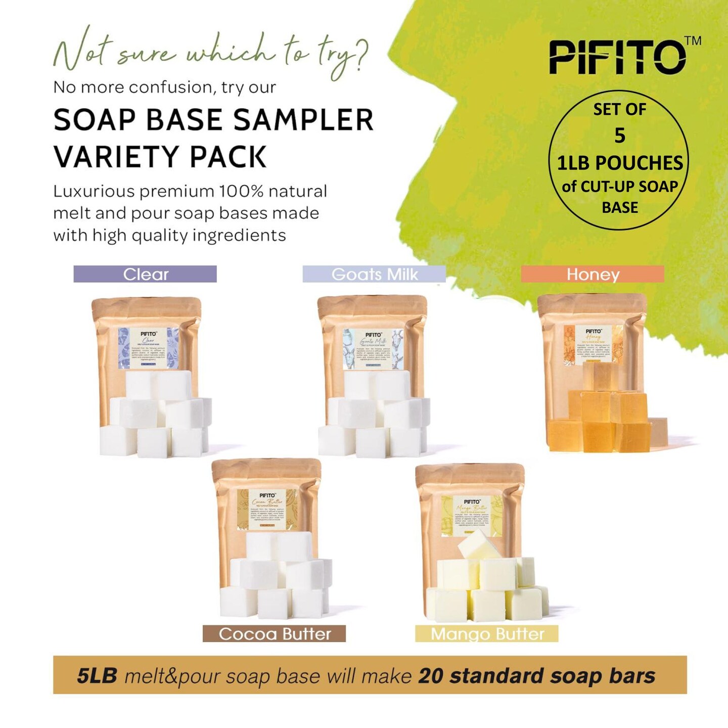 Pifito Pre-Cut Melt and Pour Soap Base Sampler (5 lbs) &#x2502; Cut-Up Pieces of Soap Base (1lb ea) &#x2502; Goats Milk, Honey, Clear, Cocoa Butter, Mango Butter &#x2502; Glycerin Soap Making Supplies Kit