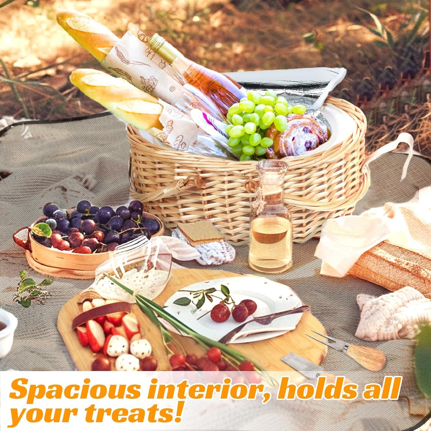 Dual Wicker Picnic Basket Set with Blanket for 2 - Unique Gifts Ideas for Couple, Engagement, Wedding, Bridal Shower, Family
