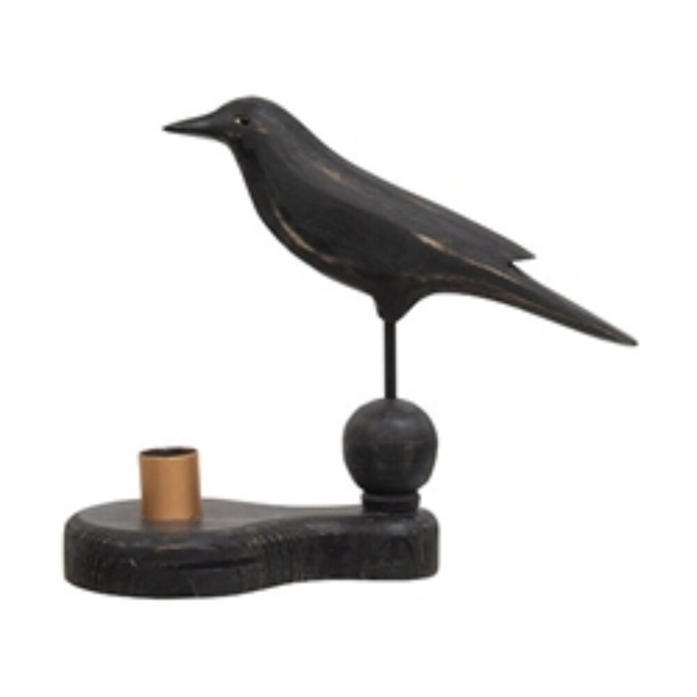 Black Wooden Crow Pedestal and Taper Candle Holder