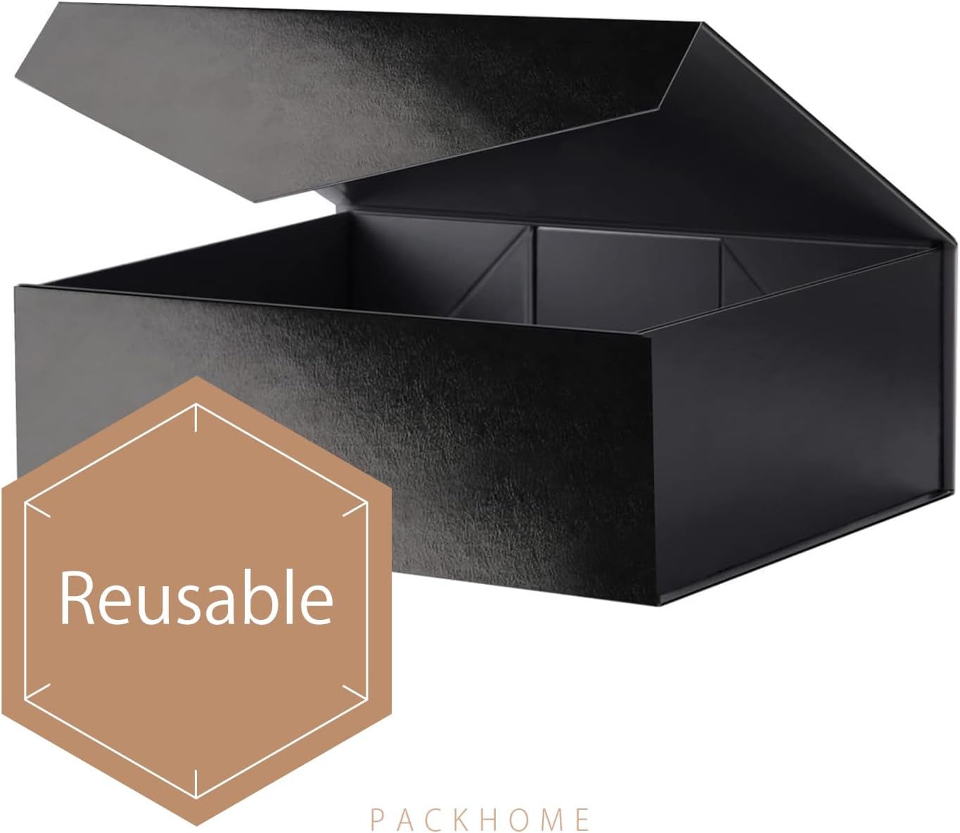 Large Gift Box with Lid, Sturdy Collapsible Gift Box with Magnetic Closure (Glossy Black, Grass Texture)