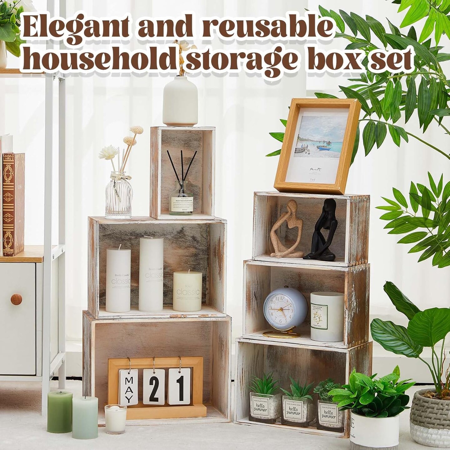Set of 6 Farmhouse Wooden Crate Antique Wood Crates for Pantry Decor Organizer Storage Rustic Wooden Crates for Display Decorative Solid Wooden Storage Box for Book Storage Organizing
