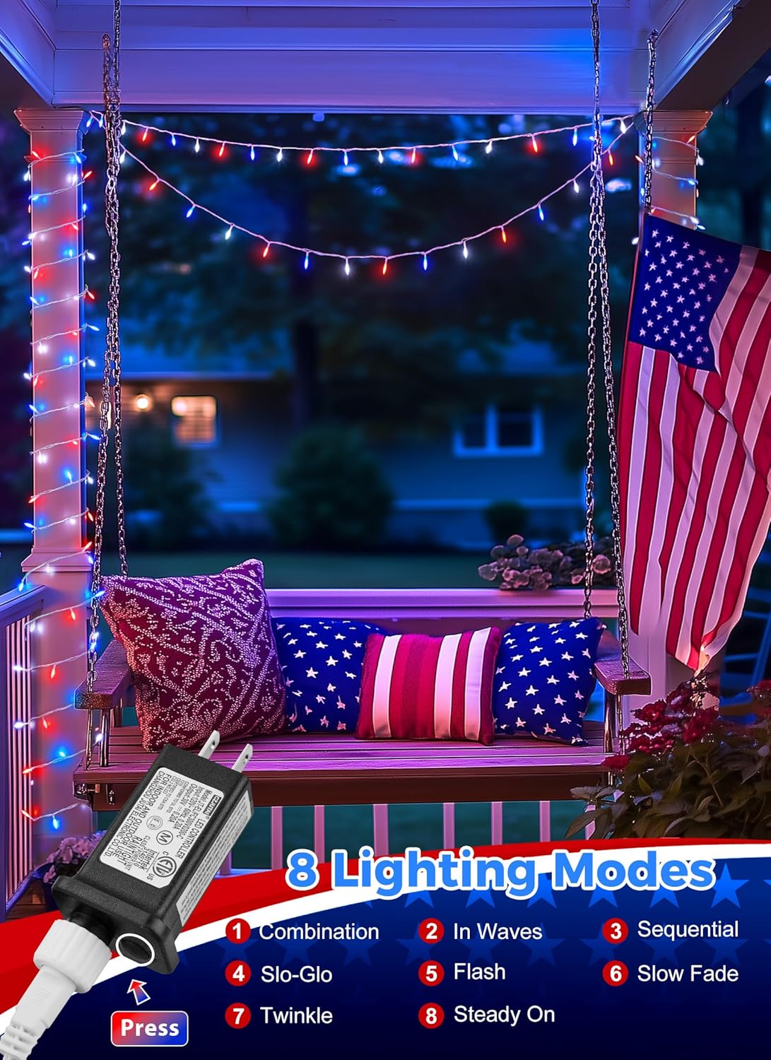 Red White Blue LED Mini Lights, 39Feet 100 LED 4th of July Decor String Lights with 8 Lighting Modes, Connectable Independence Day Lights for Wreath Indoor Outdoor Memorial Day Decoration, White Wire