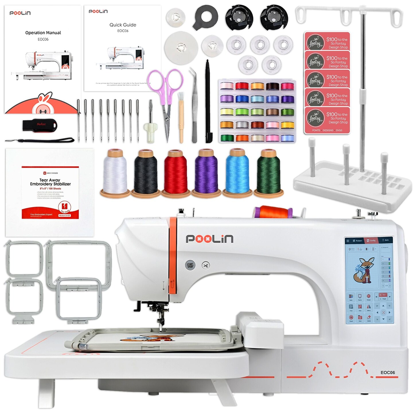 POOLIN EOC06 7.9in x 11in Embroidery Machine with 80 Embroidery Spools Bundle