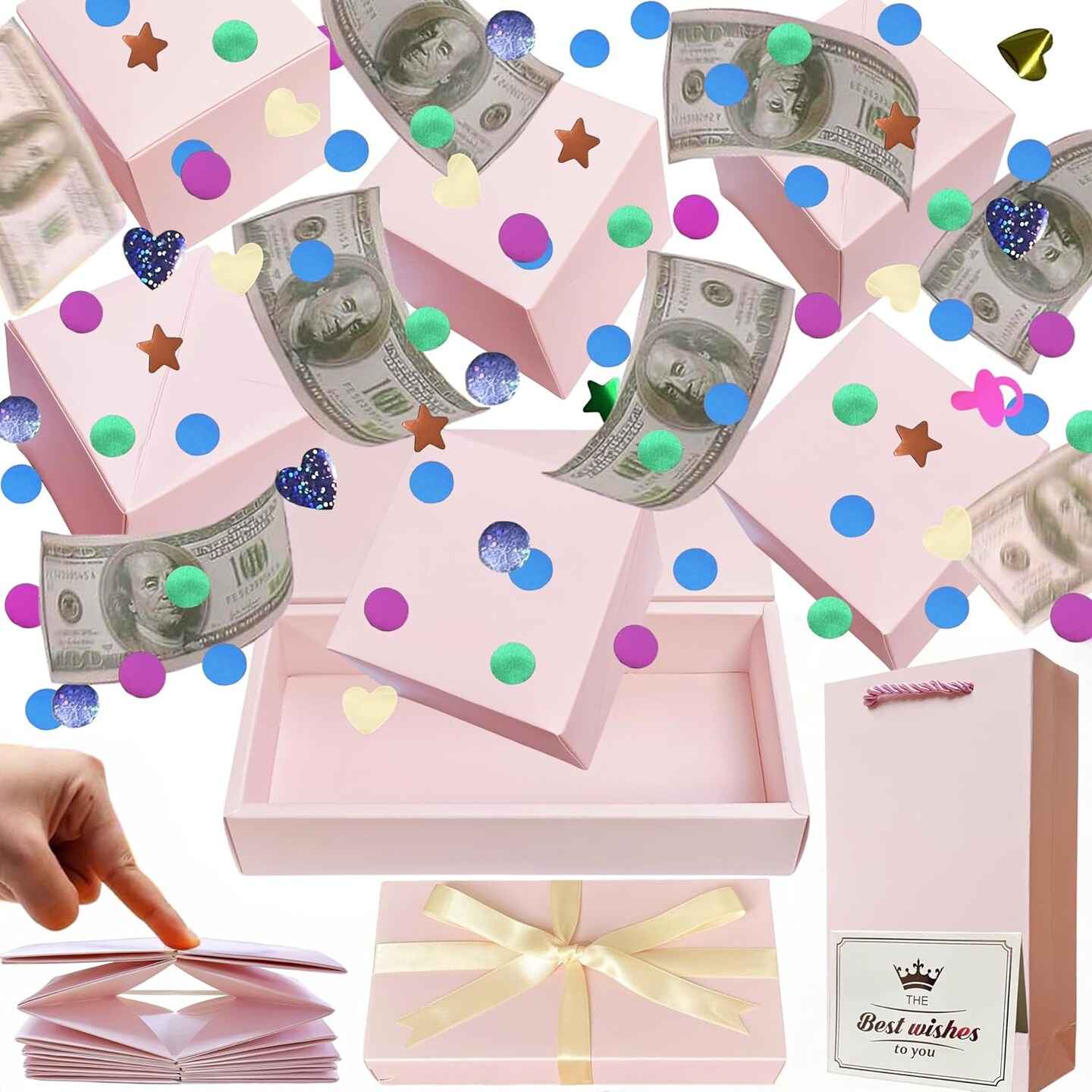 Surprise Box Gift Box for Money, DIY Unique Folding Bouncing Gift Box with Confetti, Surprise Gift Box Explosion for Birthday, Anniversary, Valentine's Day.(Pink), LH-001