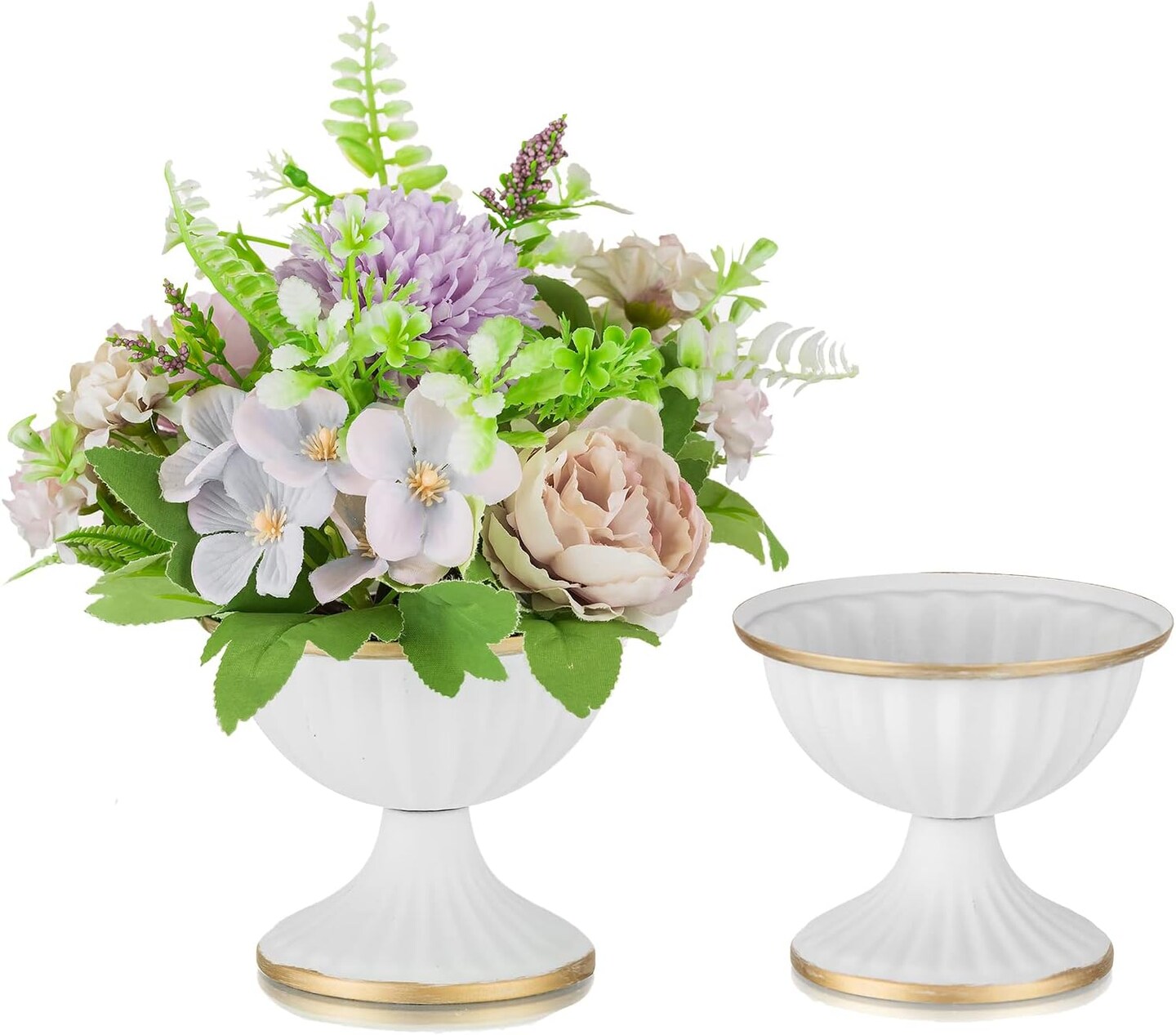 Mini White Flower Arrangement Pots for Centerpiece Table Decorations Metal Vase Urn Planter Decor (3.7IN-2PCS, White)