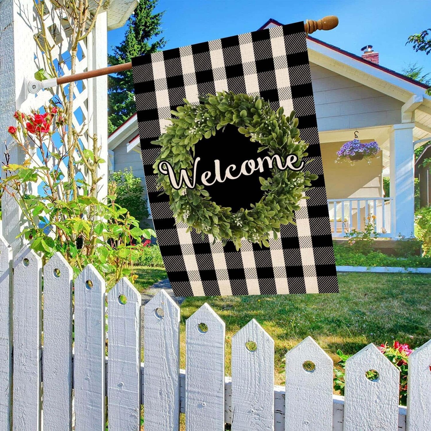 Boxwood Wreath Welcome House Flag Vertical Double Sided, Buffalo Check Plaid Rustic Farmhouse Burlap Garden Yard House Flag Outdoor Decoration 28 x 40 Inch