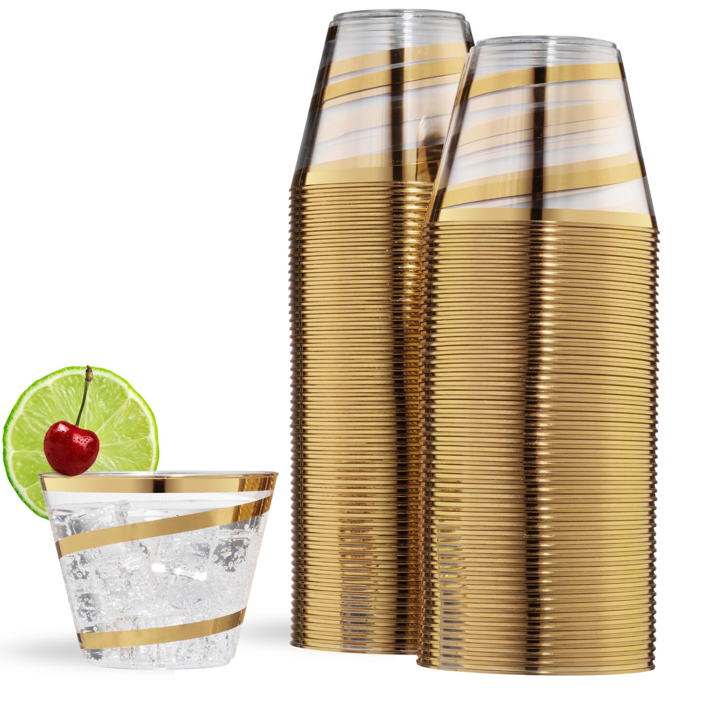 110 Pack 9 oz Disposable Clear Plastic Cups| Gold Rimmed Disposable Cups