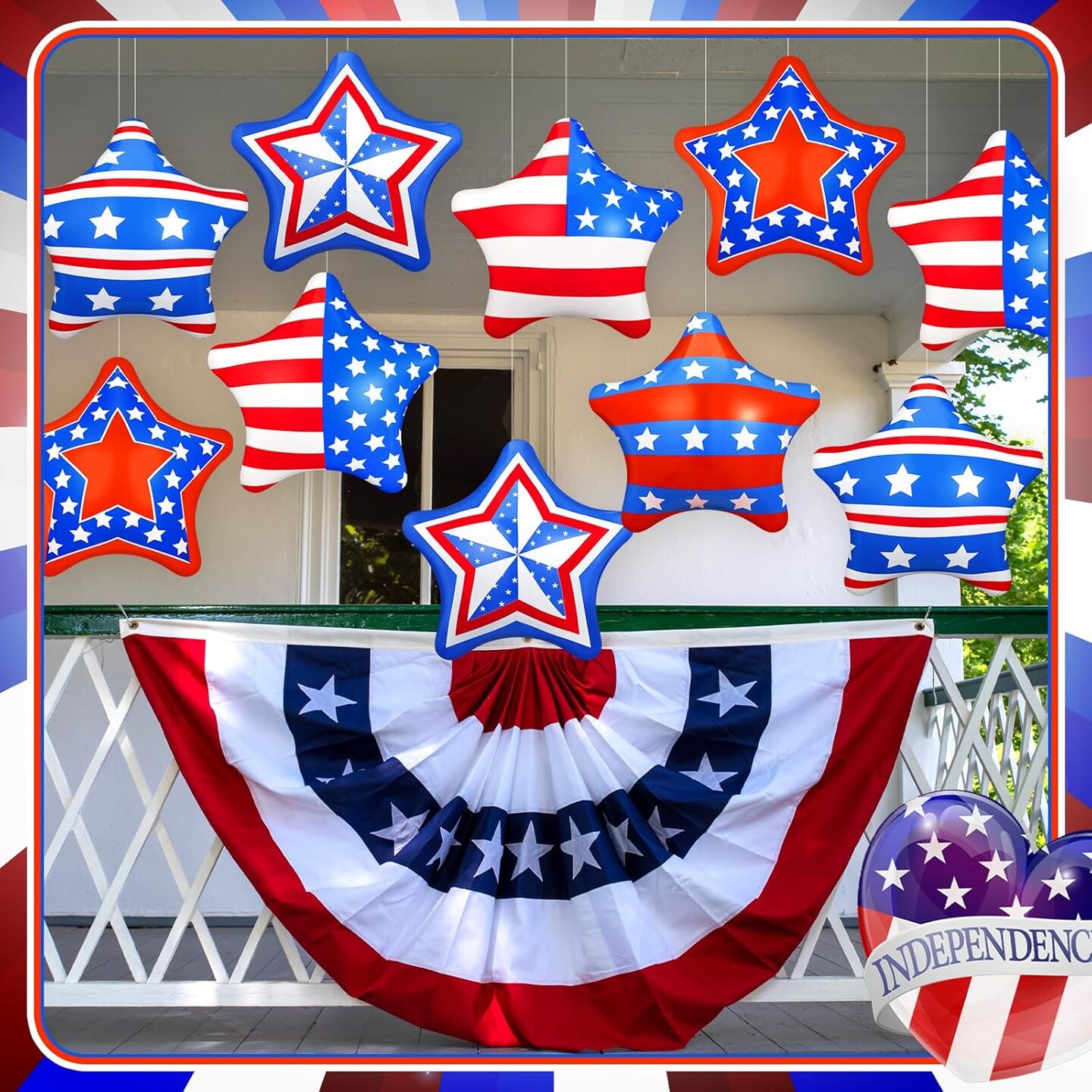 12 Pcs 4th of July Inflatable Balloons Patriotic Outdoor Decorations 12&#x27;&#x27; PVC American Flag Star Hanging Ornaments White Red Blue Inflatable for Independence Day Party Outdoor Yard Decor