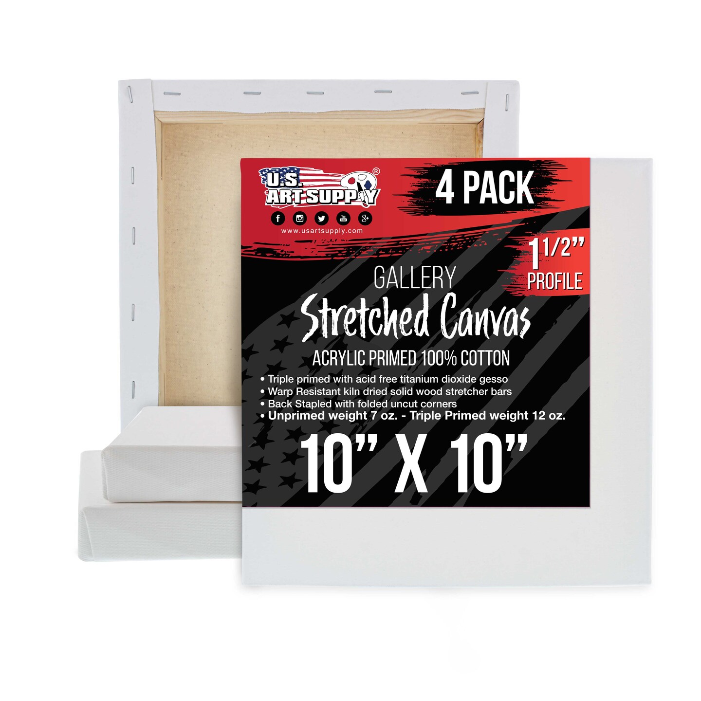 Square Stretched Canvas for Painting 10x10 inch Gallery Depth 1-1/2&#x22; Thick, 4-Pack - 12oz Acrylic Gesso Triple Primed, Professional Artist Quality, 100% Cotton - Pouring, Oil Paint