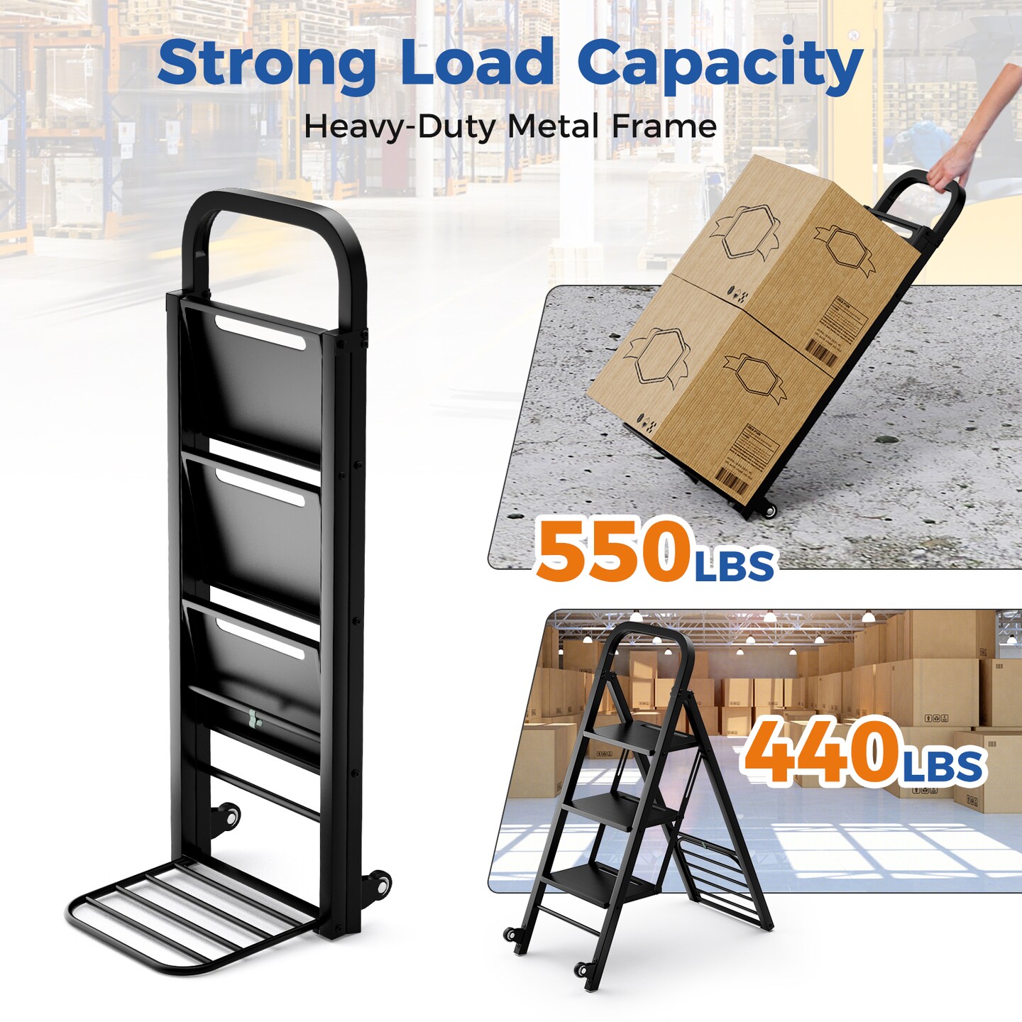 2 in 1 Black Metal Hand Truck and Step Ladder with Rubber Wheels and 3 Wide Pedals