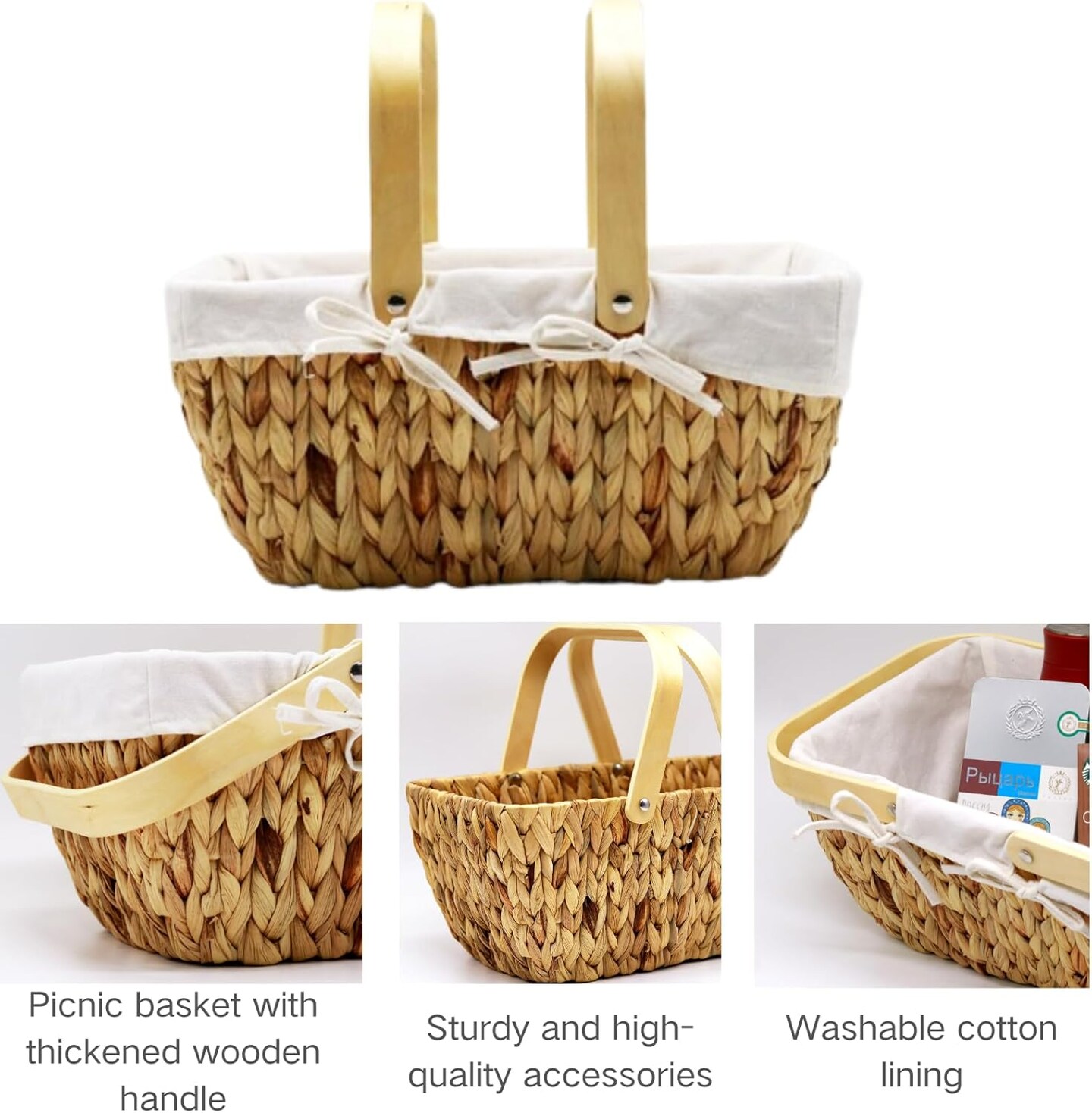 Basket with Handle-Wicker Picnic Basket,Natural Hand-Woven Basket with Lining Removable and Washable,Suitable