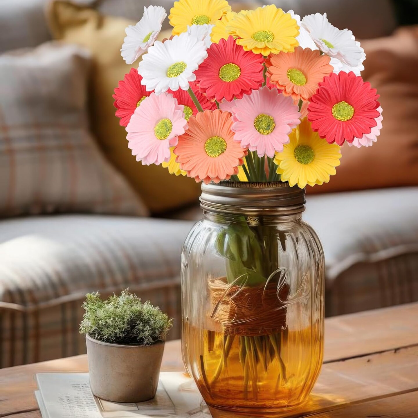 10 Pcs Artificial Gebera Daisies Flowers Fake Daisies Real Touch Flowers PU Faux Flowers Bouquet for Indoor Home Arrangements Vase Wedding Party Table Centerpiece DIY Floral Decor Multicolor