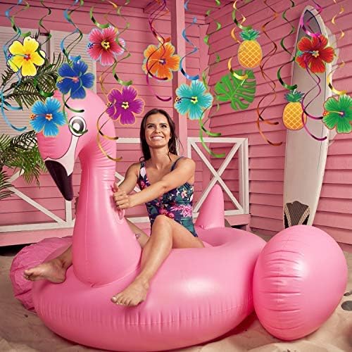 30 Pcs Hawaiian Tropical Luau Birthday Party Hanging Swirls Hibiscus Flower Foil Ceiling Decorations for Summer Tiki Cocktail Beach Decoration Supplies