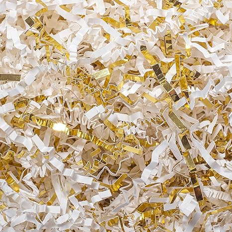 2 LB Crinkle Cut Paper Shred Filler White & Gold Crinkle Shredded Paper for Gift Box - Gift Basket Bag Filler - Grass Cushion Stuffing for Christmas Holiday Packaging Wrapping
