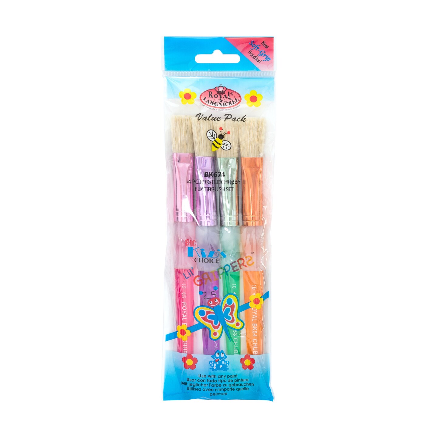 BK674 | Big Kid's Choice™ Lil' Grippers™ 4pc Bristle Chubby Flat Brush Set