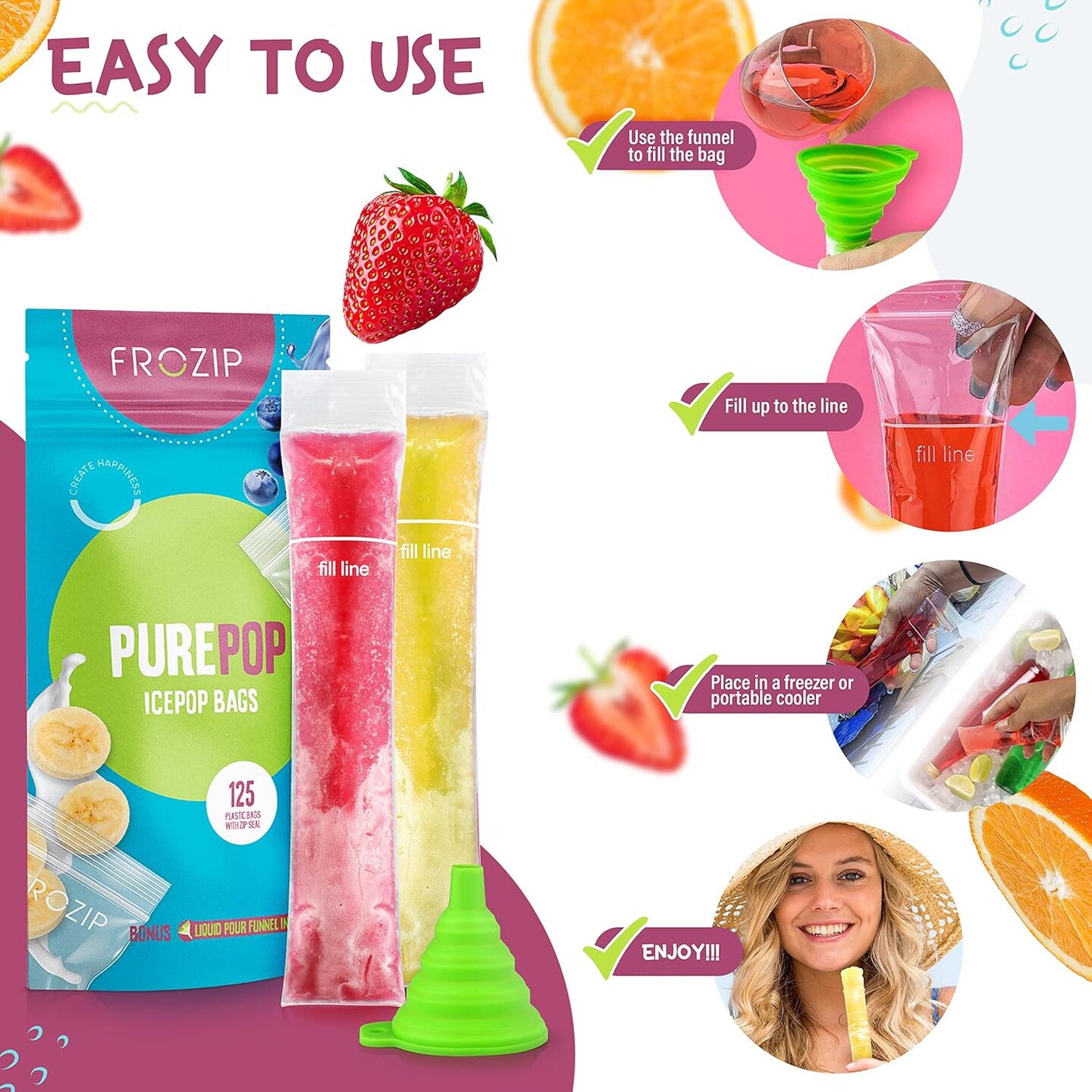 125 Disposable Ice Popsicle Mold Bags| BPA Free Freezer Tubes With Zip Seals | For Healthy Snacks, Yogurt Sticks, Juice &#x26; Fruit Smoothies, Ice Candy Pops| Comes With A Funnel (8x2&#x22;)