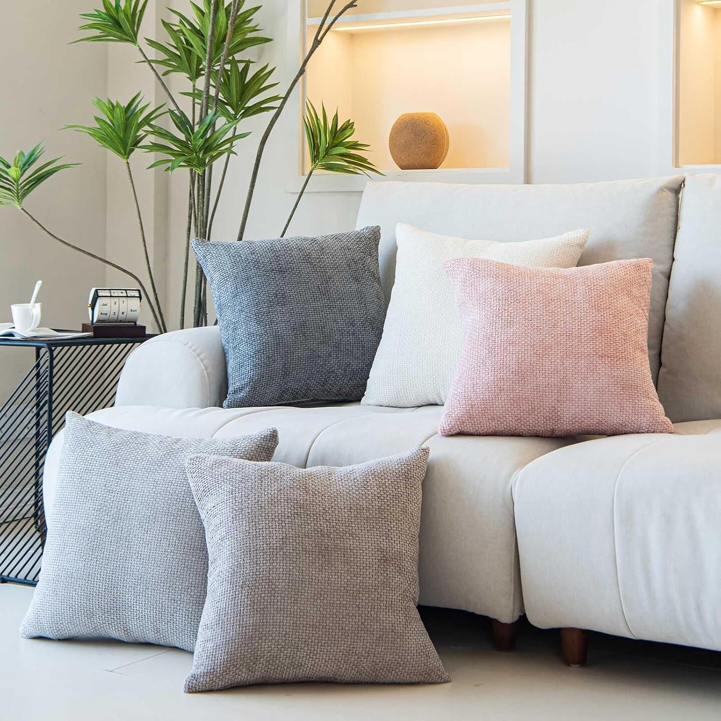 Neutral Textured Throw Pillow Covers,Pack of 2 Decorative Chenille Cushion Covers Accent Pillowcase for Couch Living Room Sofa Bed Home Decor, 18 x 18 in, Cream White