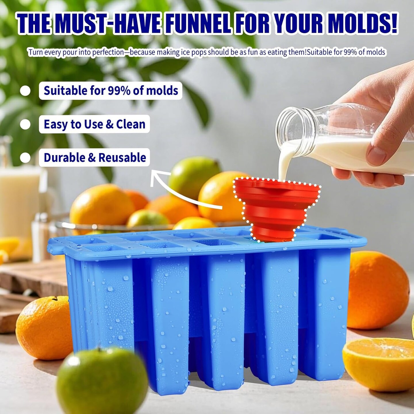 Silicone Popsicles Molds,Popcylce Molds,Food Grade Reusable Popsicle Molds for Kids,Homemade Popsicles Molds,Ice Cream Mold,Ice Pop Molds Maker with Popsicle Stick,Popsicle Bag,Funnel (Blue)