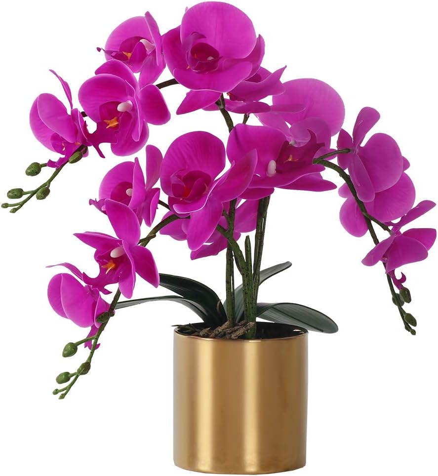 Artificial Orchid Flower with Vase, White Orchid Bonsai Faux Orchid Phalaenopsis Plant Pot Arrangements for Home Decoration (Purple,Gold Vase)