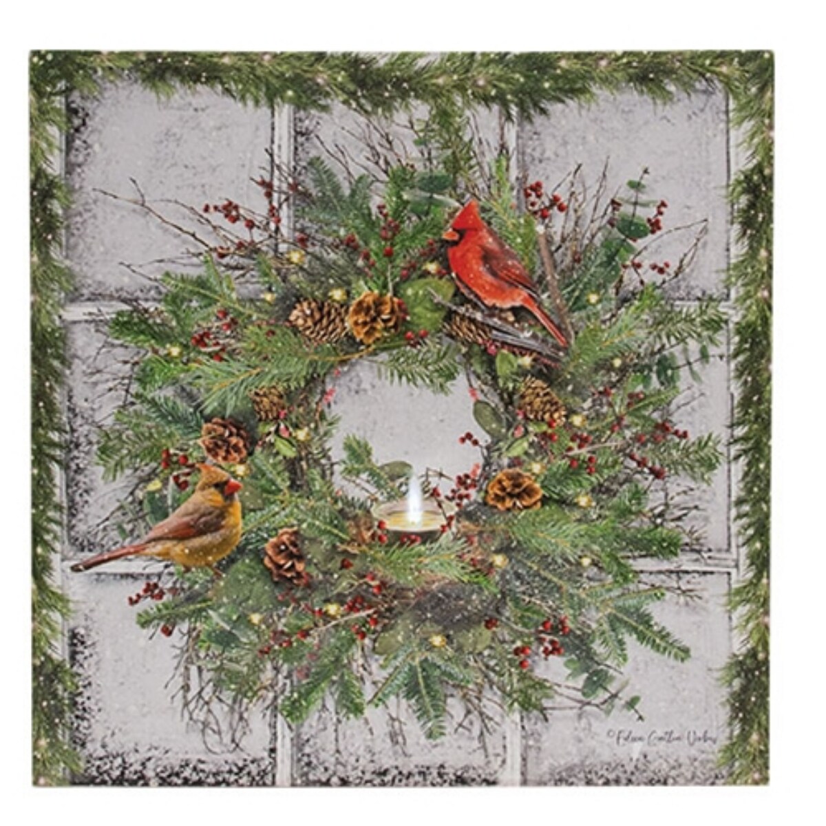 Snowy Cardinal Wreath Canvas Wall Art with Lights Winter Holiday Decor 18 Inch