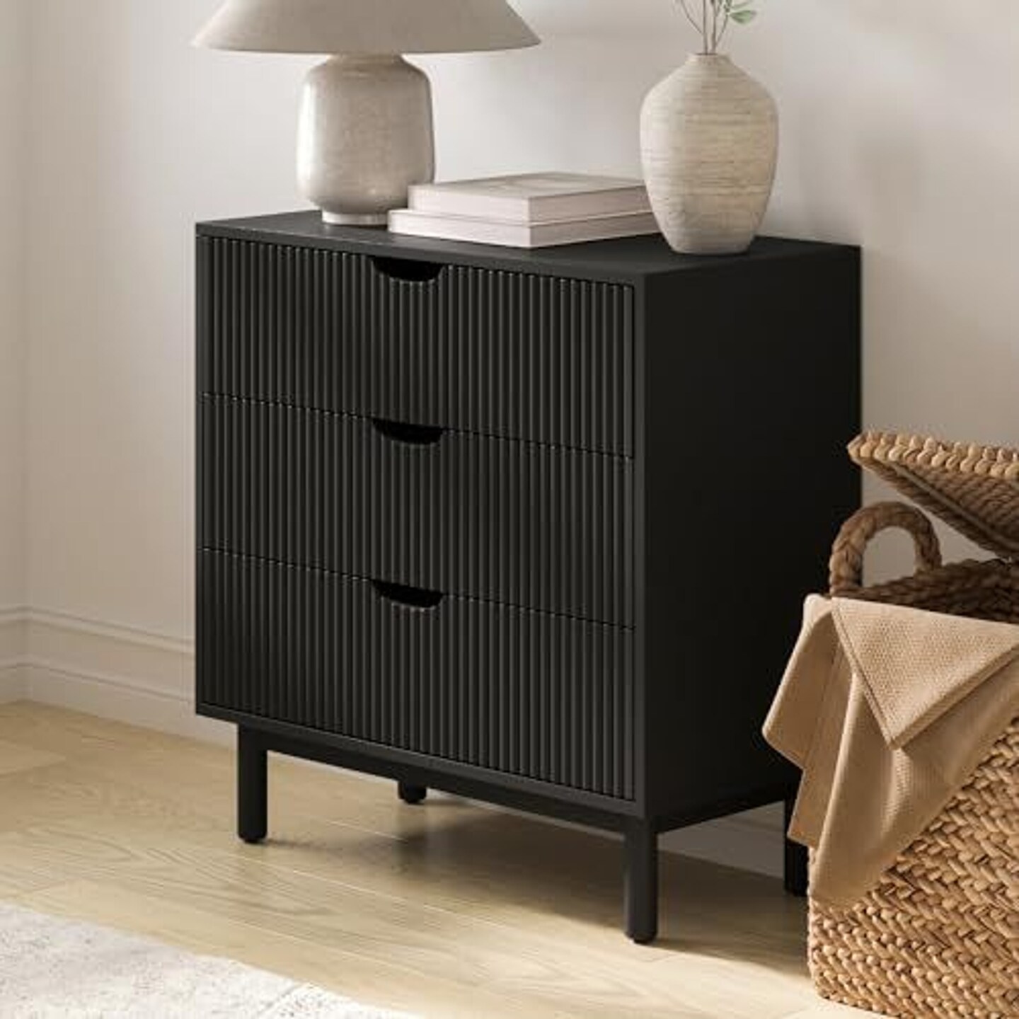 Stead Fluted 3 Drawer Dresser - Large Nightstand with Storage - Living Room &#x26; Bedroom Furniture - Fluted Dresser with Drawers - Anti-Tipping Kit Included - Solid Wood Doors &#x26;Legs (Black)