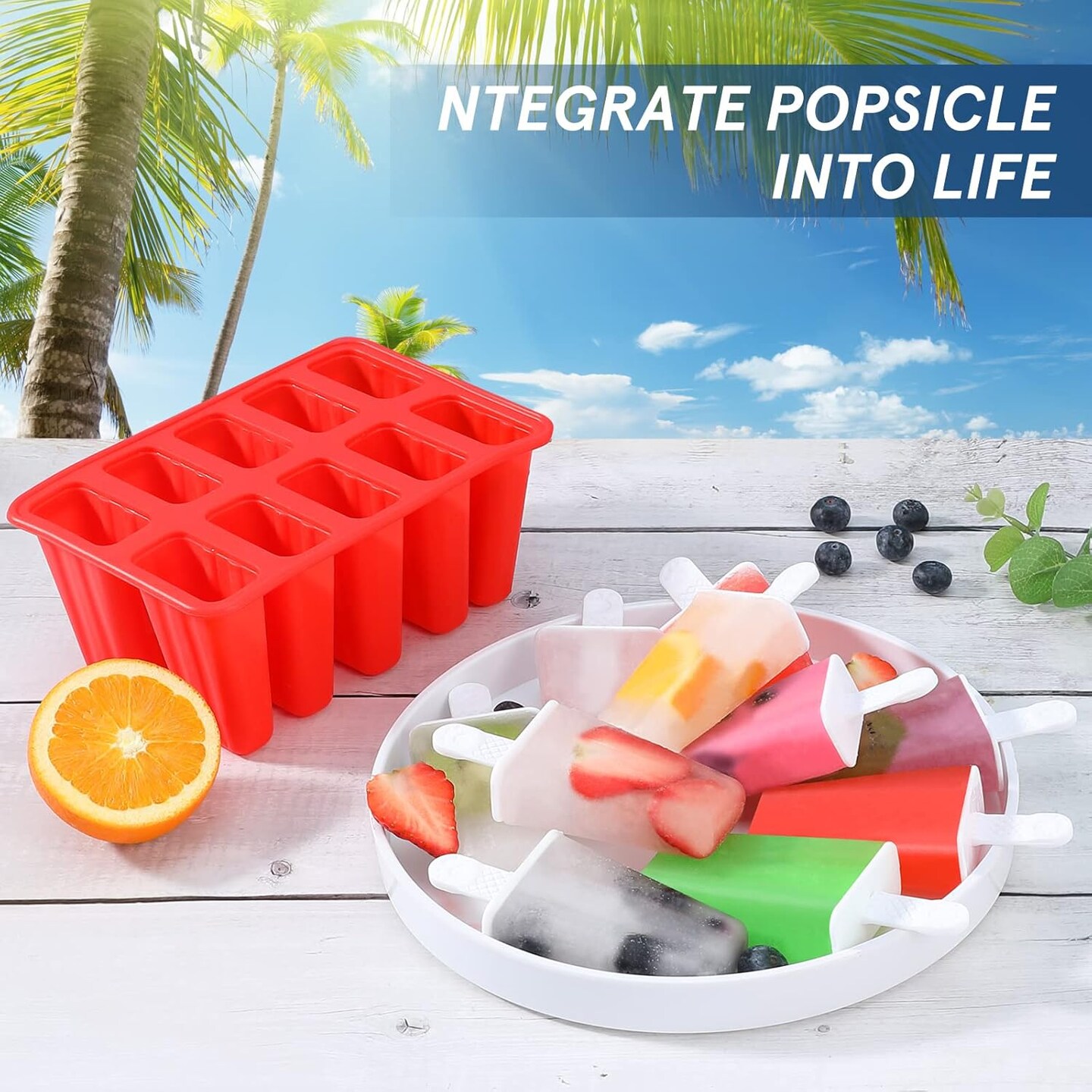 Popsicle Molds,Silicone Ice Pop Molds,BPA Free Popsicle Mold Reusable Easy Release Ice Pop Maker,Homemade Popsicle Mould with Silicone Funnel and Cleaning Brush (Red, 10 Cavities New)