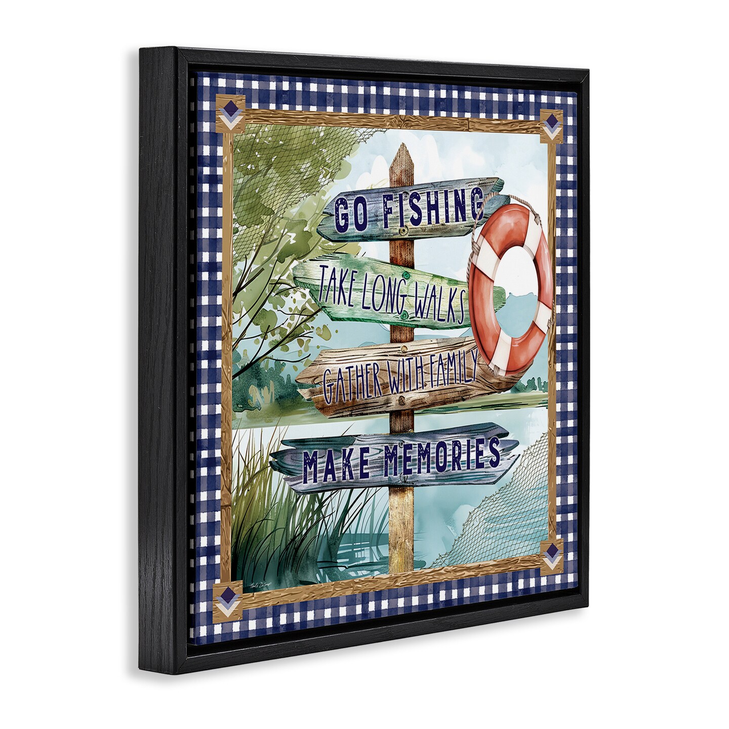 Stupell Industries Plaid Border Lake Sign Floating Frame Design by Nicole DeCamp