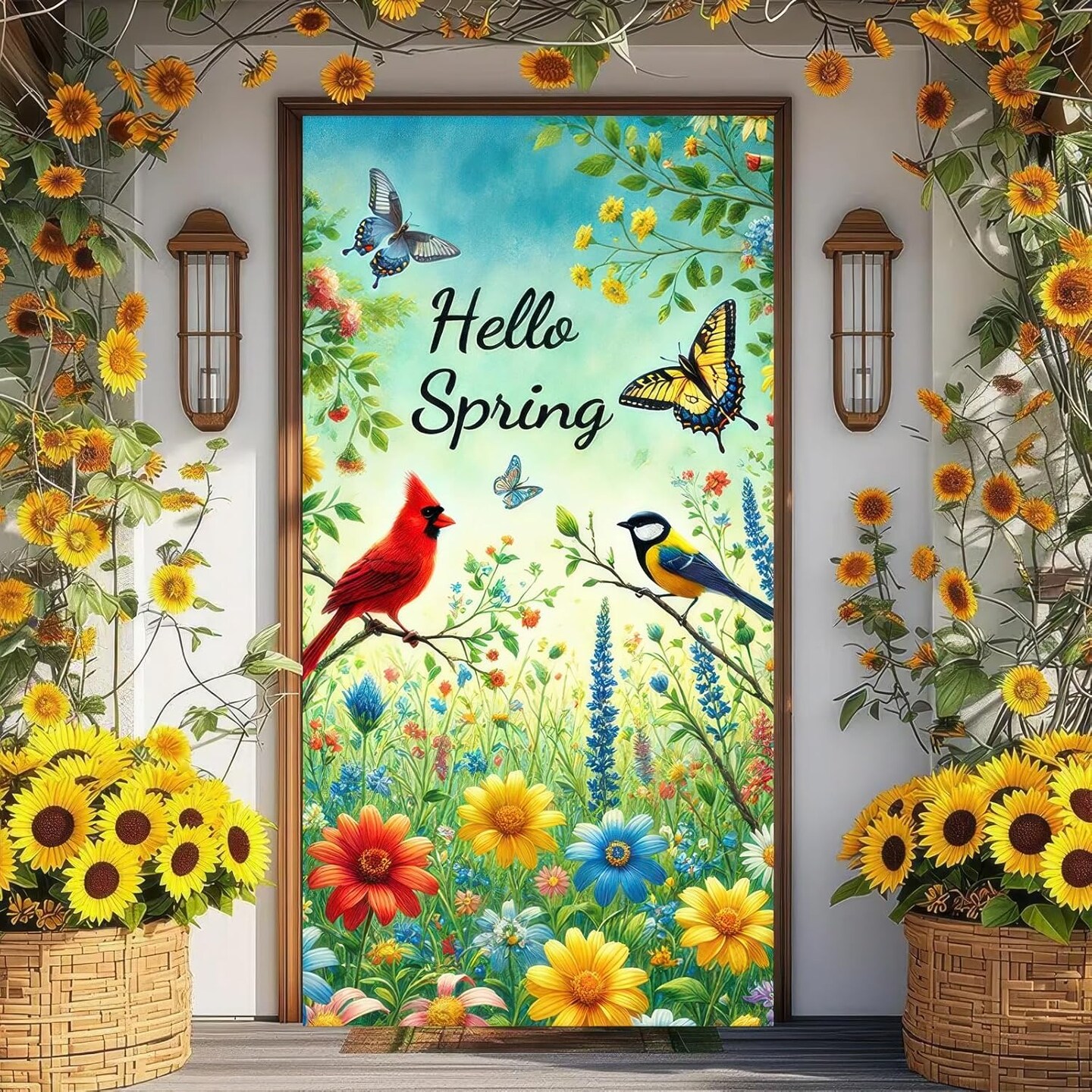 Spring Door Cover 71x35 Inch Bird Flower Door Banner Hello Spring Seasonal Front Door Decoration for Welcome Holiday Spring Summer Easter Decor Indoor Outdoor