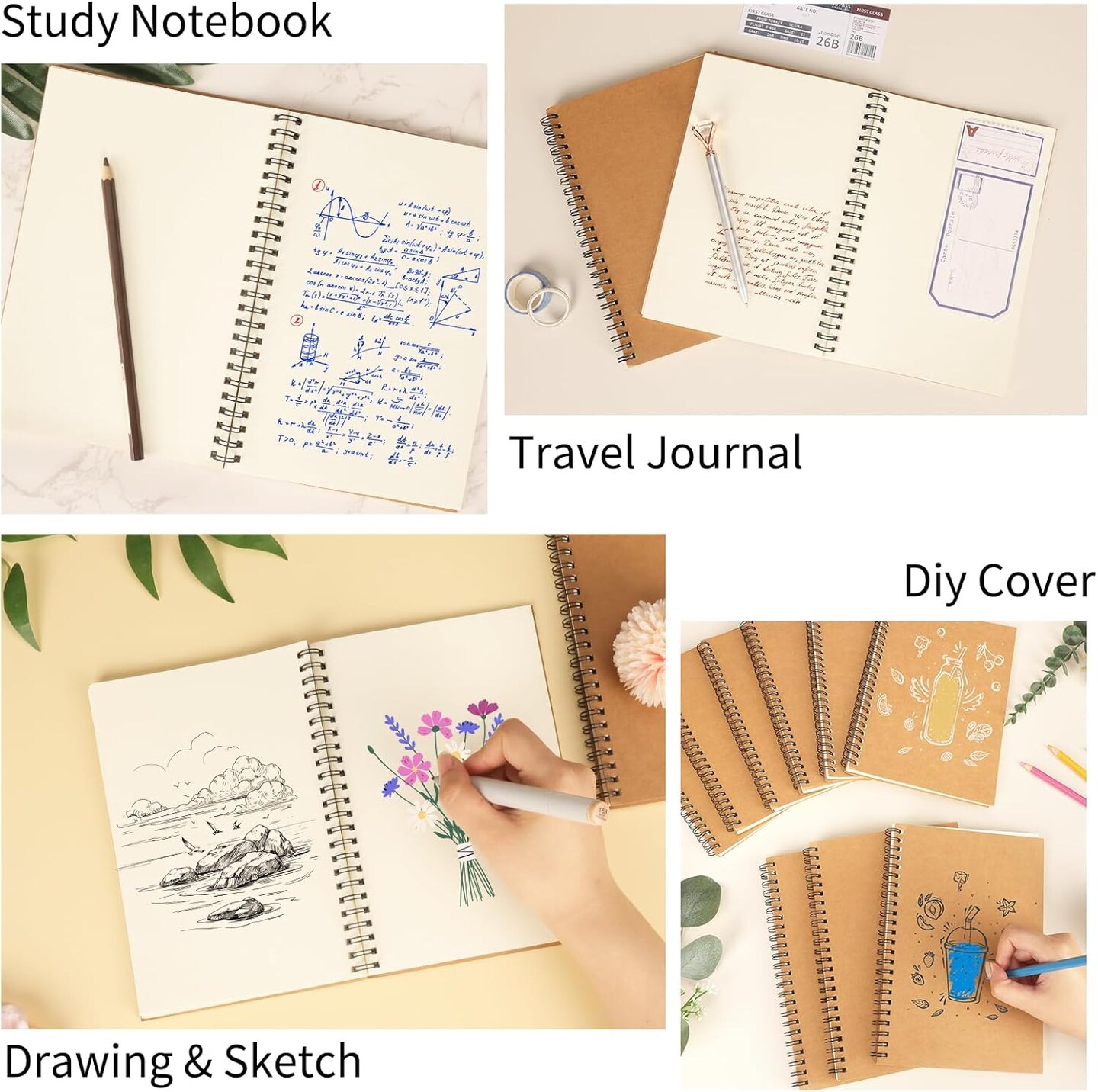 12 Pack A5 Blank Spiral Notebooks, Sketchbooks, Unlined Journals 5.5 x 8.3in, 50 Sheets 100 Pages, Diary Sketch Books