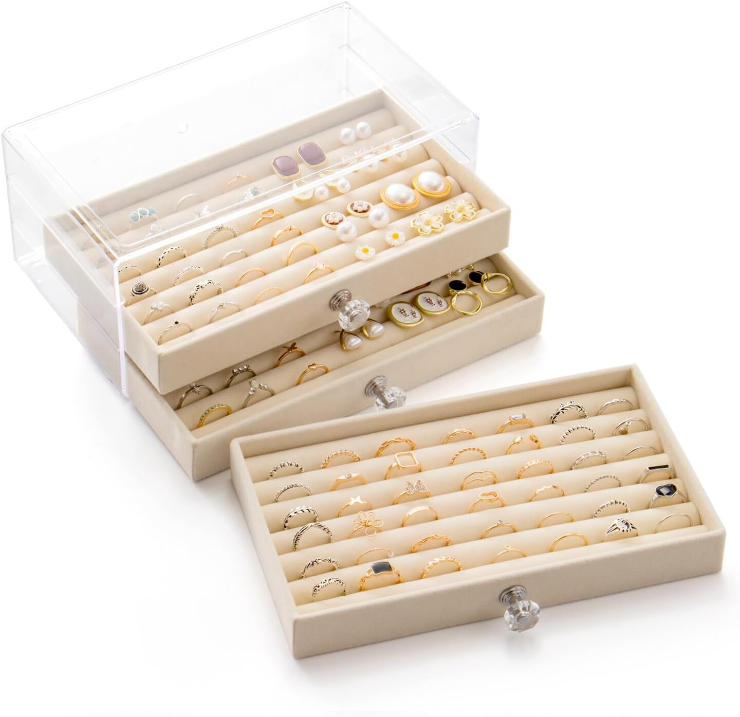 Clear Velvet Jewelry Organizer with 3 Drawers – Ring and Stud Earring Storage Display Box (Beige)