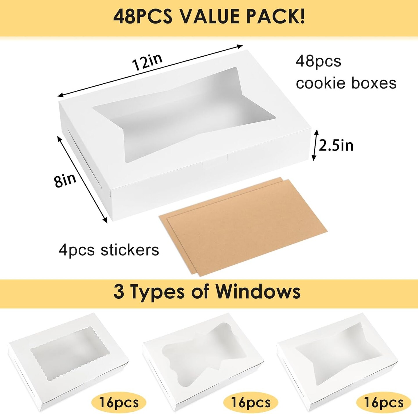 48pcs Bakery Boxes,12x8x2.5 Inches Cookie Boxes with 3 Style Window for Chocolate Covered Strawberries, Mother&#x27;s Day, Desserts, Cookies, with 4pcs Stickers