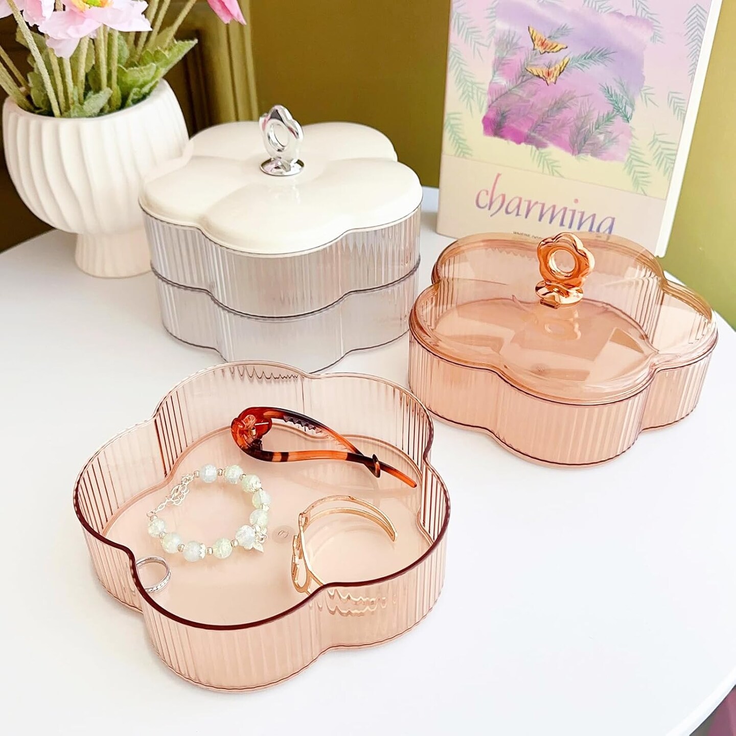 Acrylic Jewelry Organizer Box – 2-Layer Floral Storage Box with Handle for Earrings, Rings, Necklaces, Bracelets – Clear Amber Jewelry Container for Women & Girls